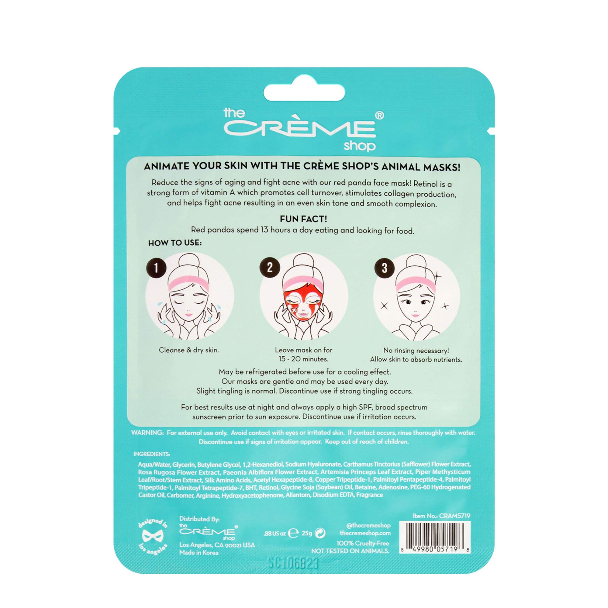 The Crème Shop Be Smooth, Skin! Animated Red Panda Face Mask, Retinol Facial Mask, K Beauty Sheet Mask - 3 Pack