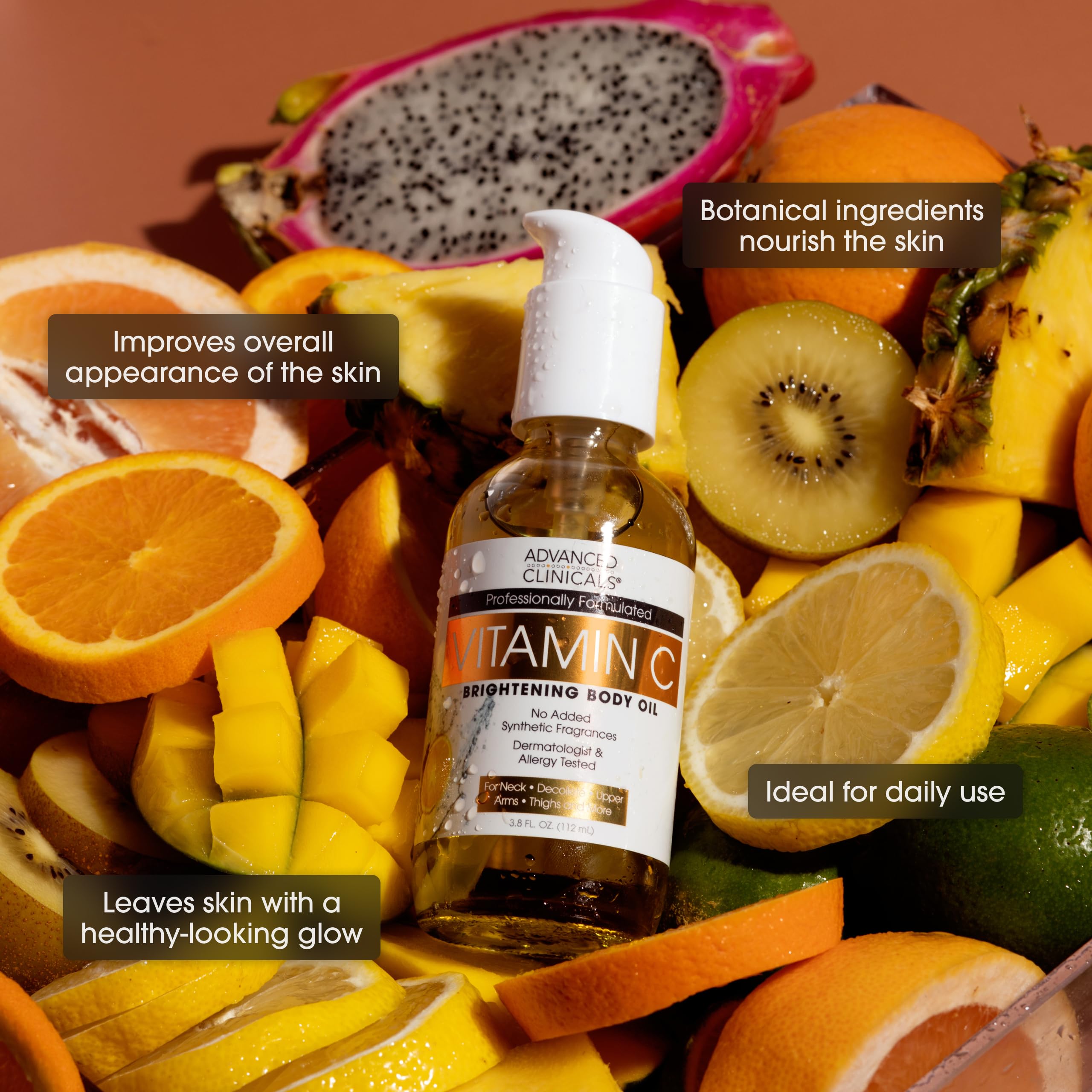 Advanced Clinicals Vitamin C Body Oil Skin Care Moisturizer W/Vitamin E & Turmeric - Nourishing, Brightening, & Hydrating Body Oil To Improve Look Of Dark Spots, Dry Skin, & Stretch Marks, 3.8 Fl Oz