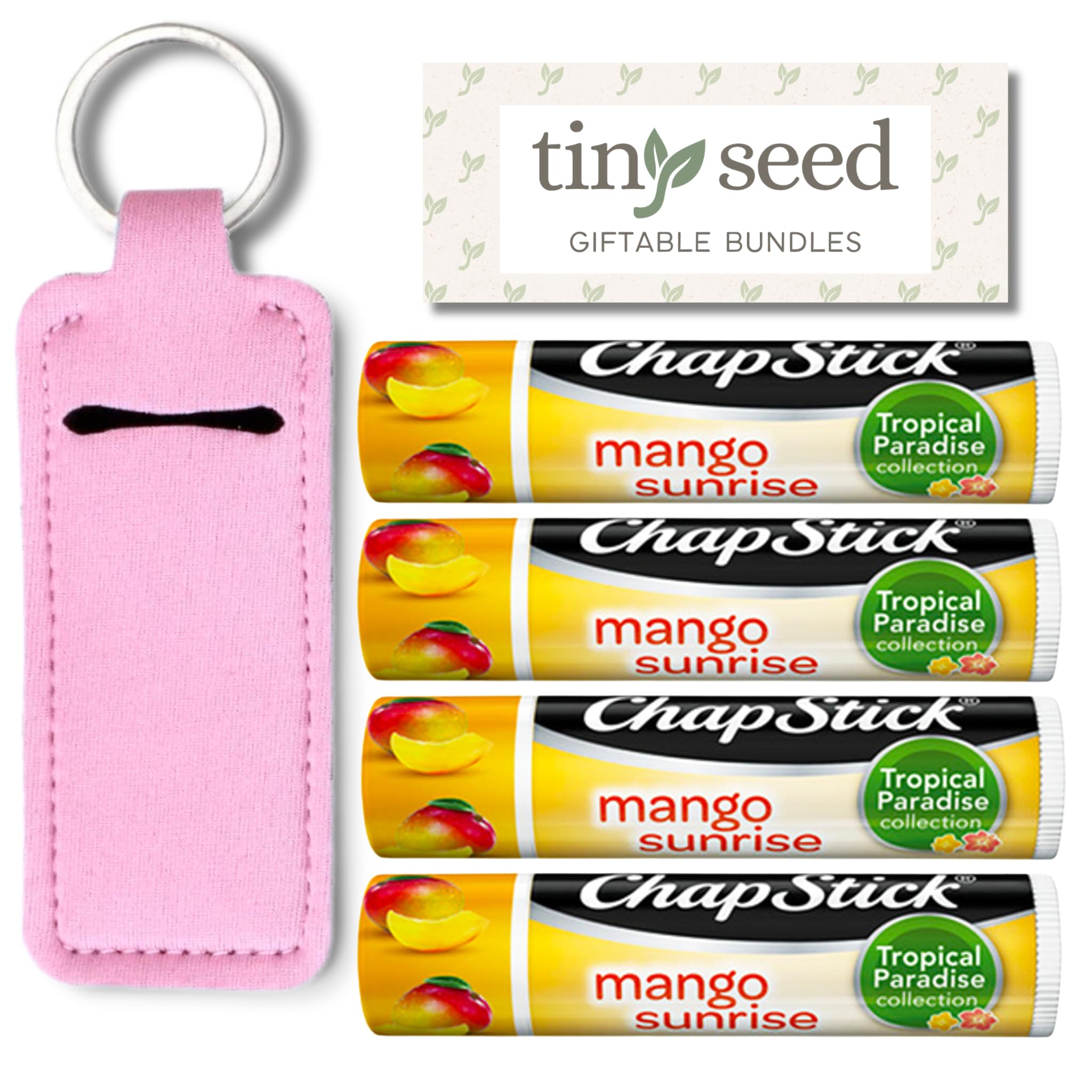 TINY SEED Gift Bundle: Mango Chapstick 4-Pack. Includes Bonus Lip Balm Holder Keychain (Pink). Limited Edition Flavor from the Chapstick Tropical Paradise Collection
