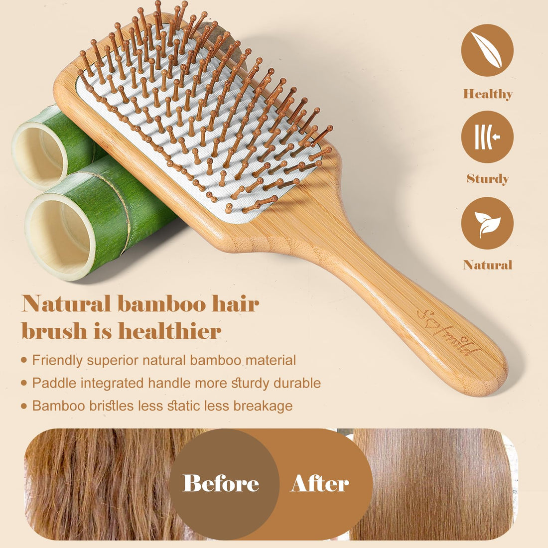 Natural Wooden Bamboo Hair Brush For Thick,Straight,Long,Curly,Wavy, Short Hair,Bamboo Bristles Pin Hairbrush Scalp Massage Improve Hair Health,Large Detangling Hair Brushes