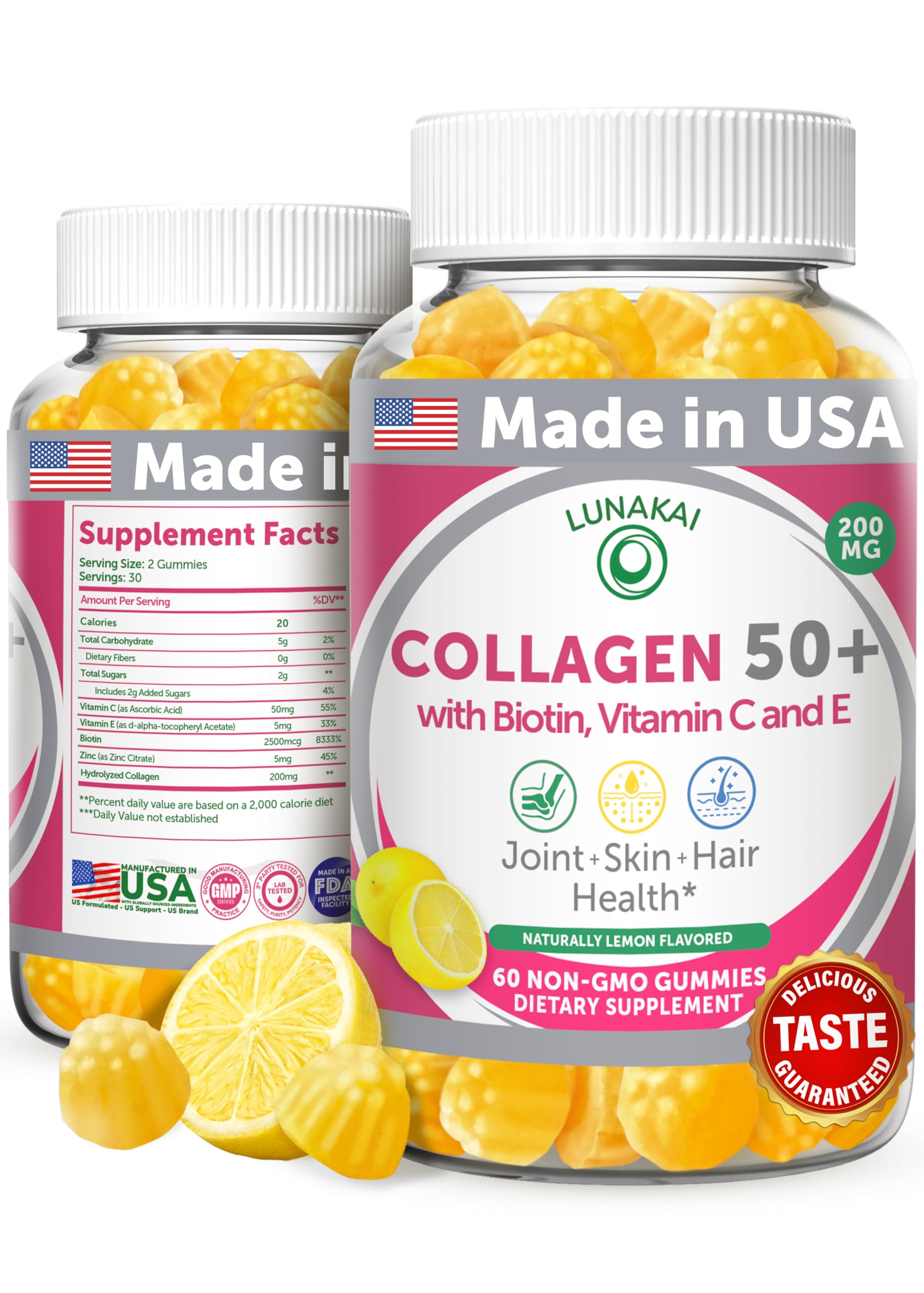 Lunakai USA Made Collagen Gummies for Women & Men Over 50, Biotin & Vitamin C, Supports Skin Elasticity, Hair & Nail Strength, Joint Support, 60ct