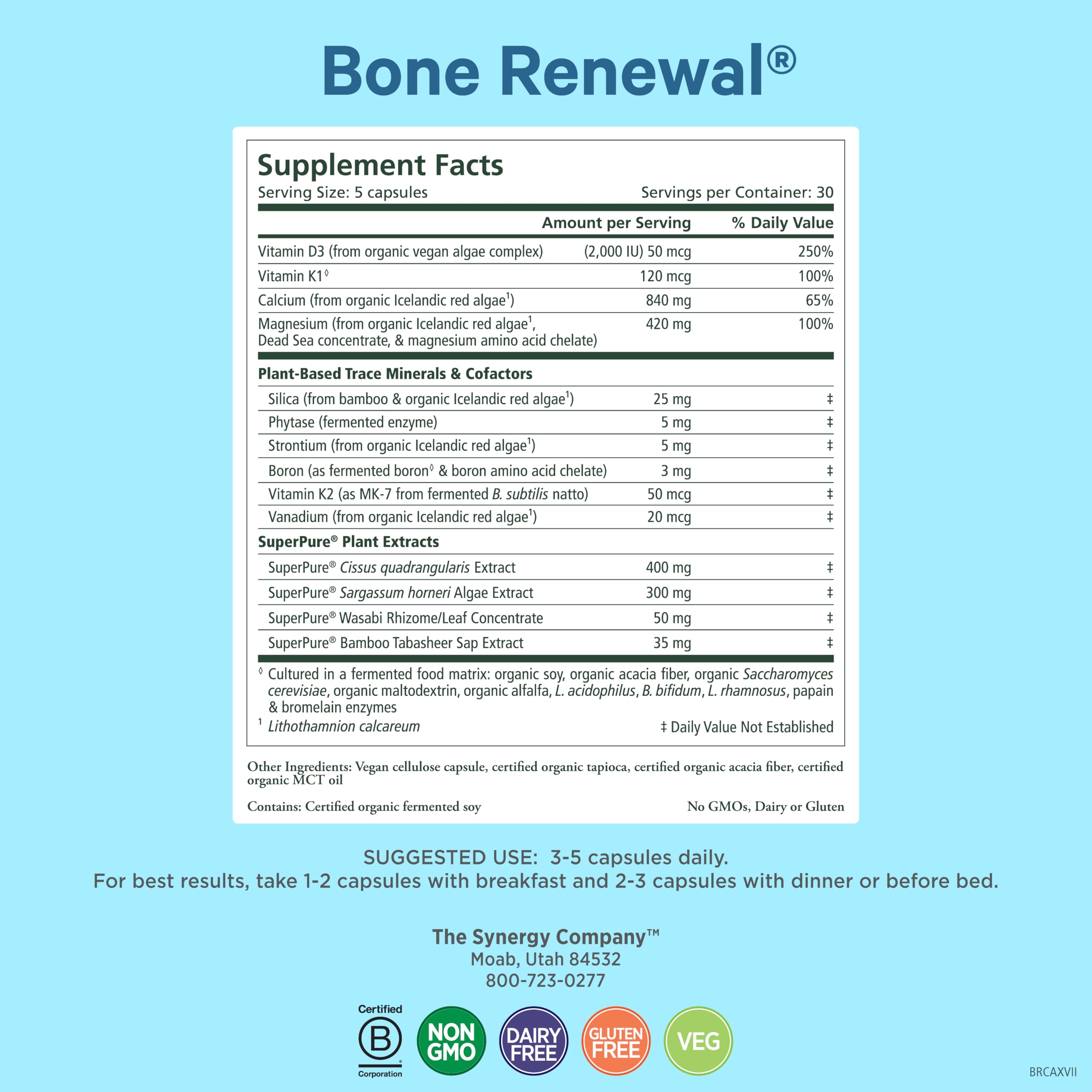 PURE SYNERGY Bone Renewal | Bioavailable Calcium with Cofactors | Natural, Vegan Bone Health Supplement with Vitamin D3, K2, Magnesium, & Boron | for Lasting Bone Strength (150 Capsules)