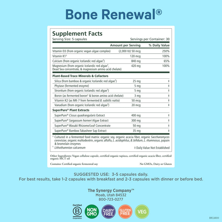 PURE SYNERGY Bone Renewal | Bioavailable Calcium with Cofactors | Natural, Vegan Bone Health Supplement with Vitamin D3, K2, Magnesium, & Boron | for Lasting Bone Strength (150 Capsules)