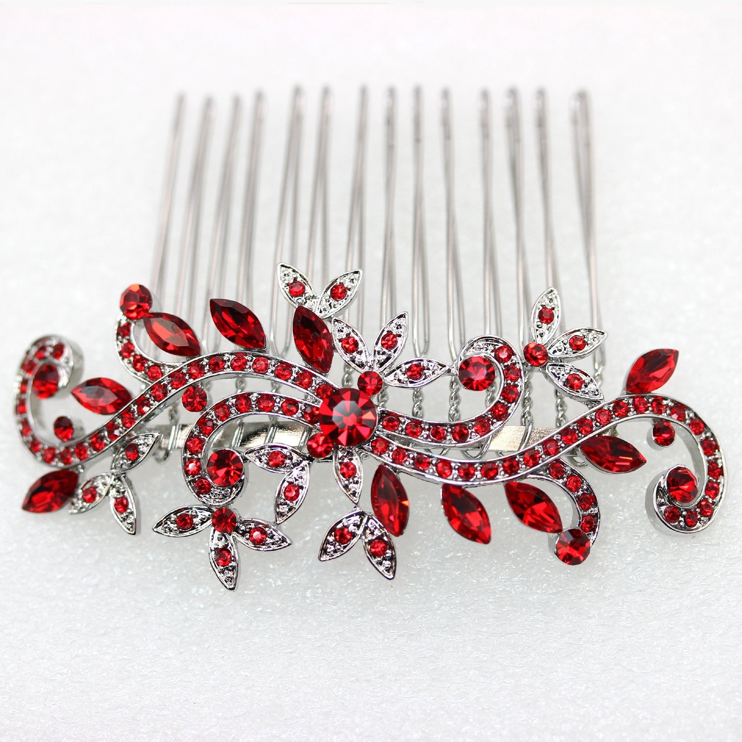 Faship Hair Comb Red Rhinestone Crystal Floral