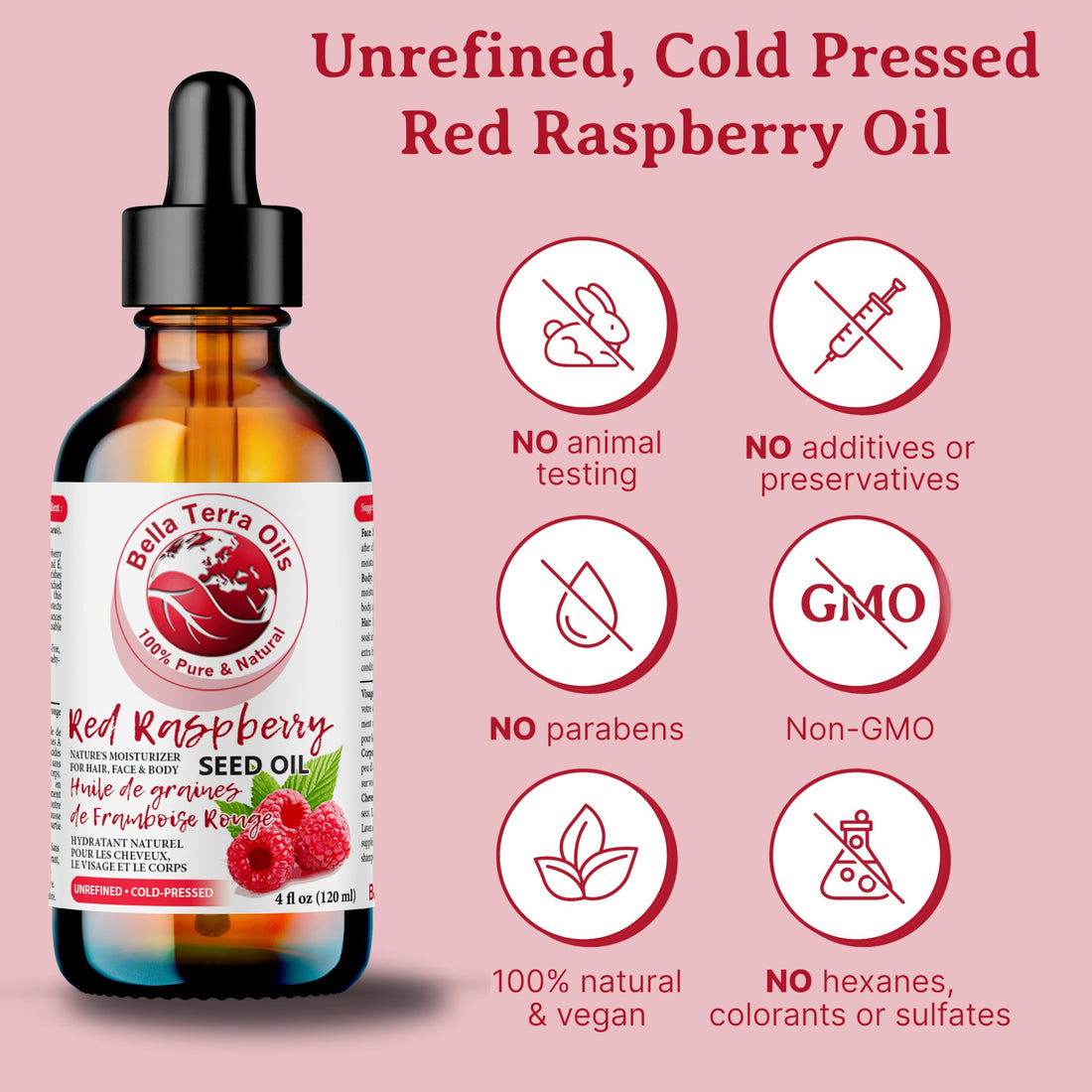Bella Terra Oils - Red Raspberry Seed Oil 4oz - Pure Cold-Pressed Alchemy, Abundant in Ellagic Acid & Omega Fatty Acids, Nature's Gift for Beautiful Skin