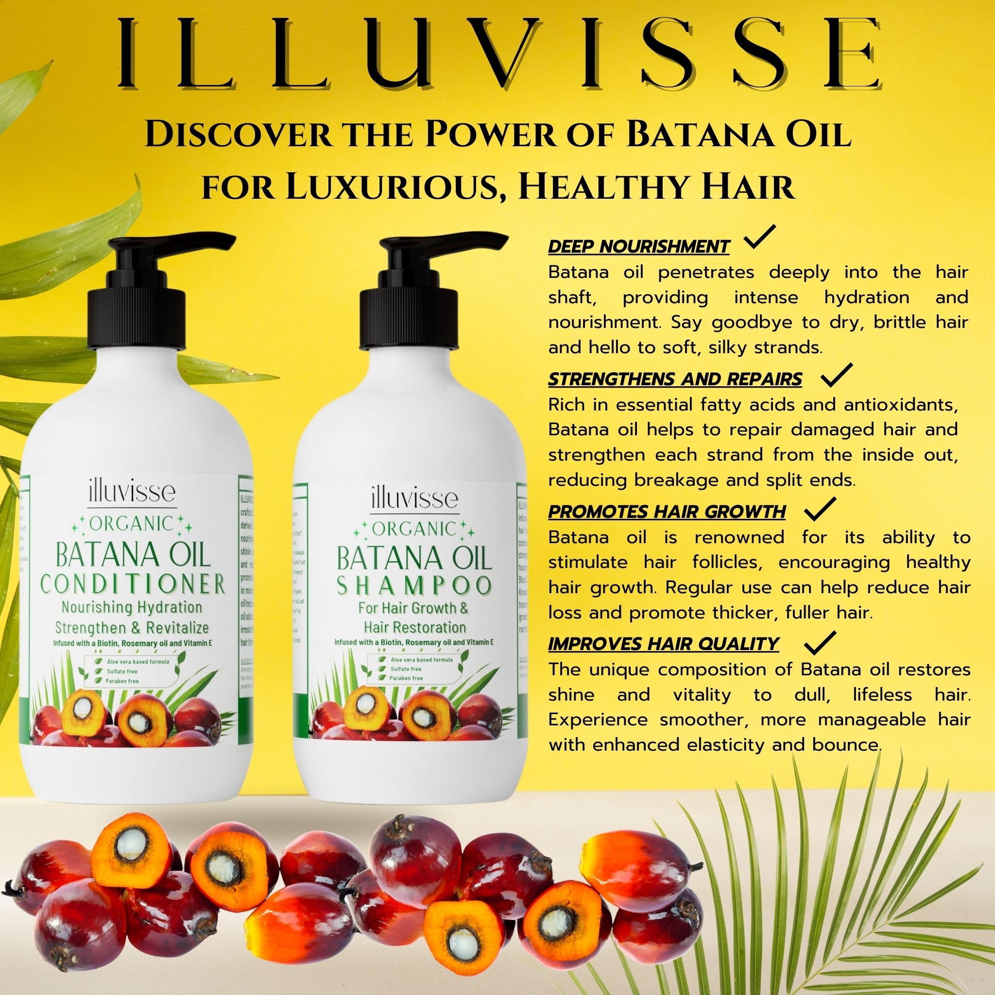 ILLUVISSE Batana Oil Shampoo and Conditioner Set - Organic Batana & Rosemary Oil for Hair Growth & Restoration - Thickening Formula with Organic Ingredients - For Women & Men
