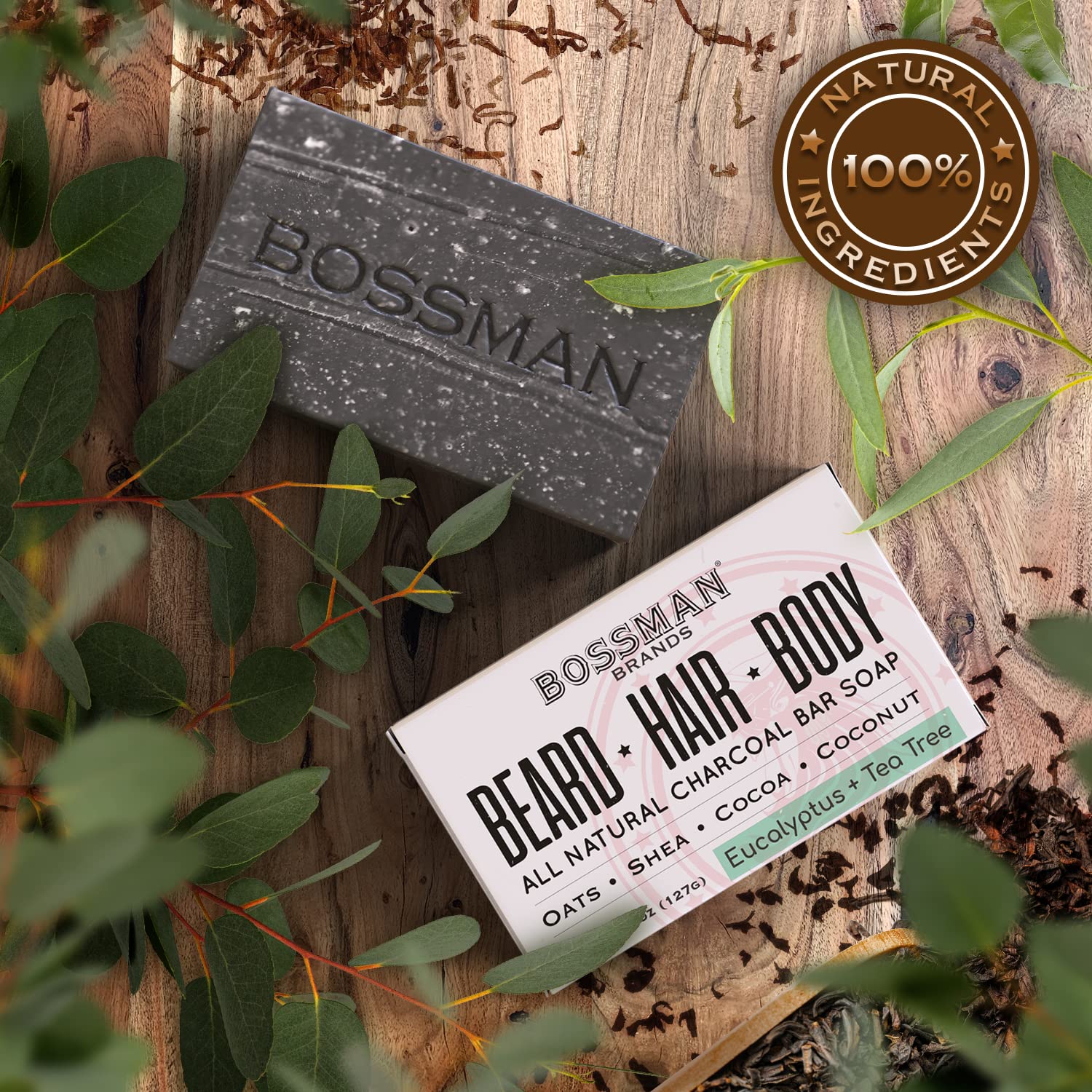 Bossman 4-in-1 Bar Soap for Men (4 oz) – All-Natural Beard Wash, Shampoo, Body Wash & Shaving Soap – Eucalyptus & Tea Tree Scent