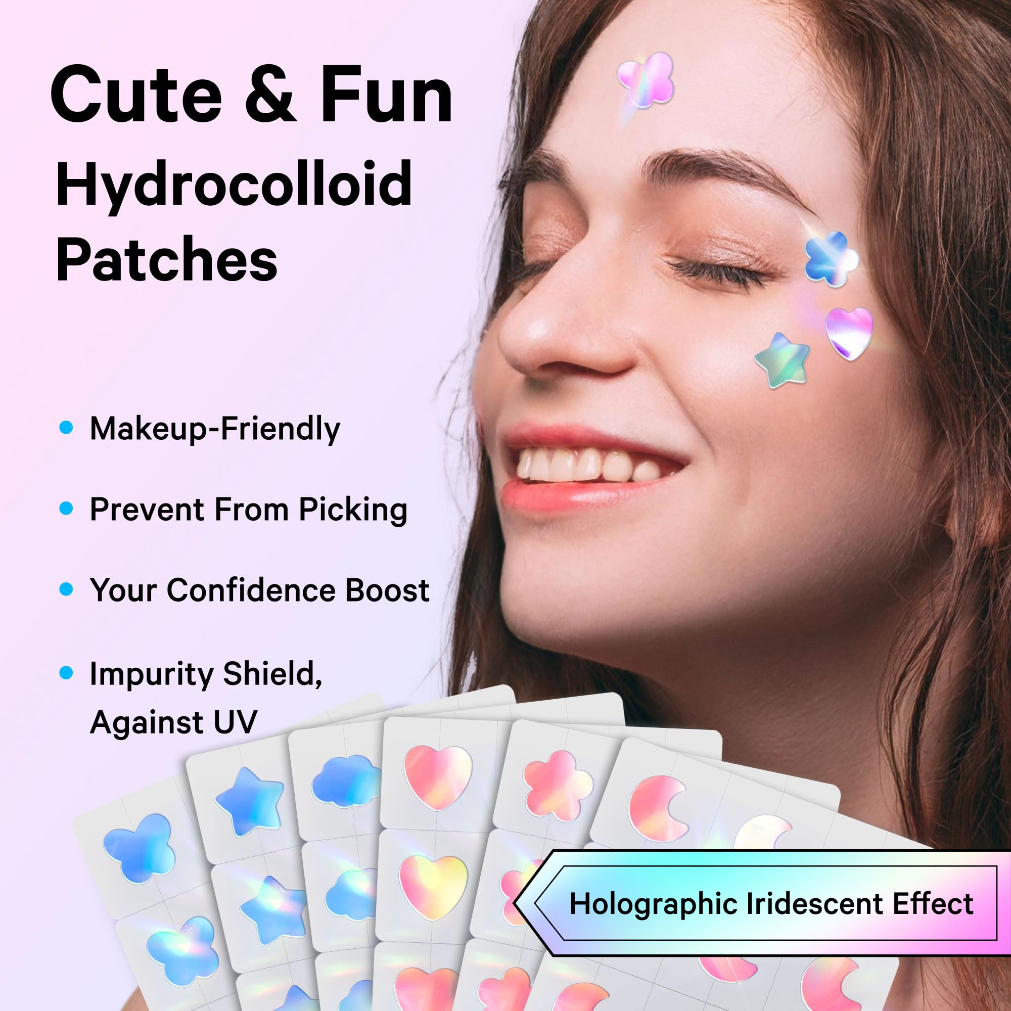 Sosky Hologram Pimple Patches for Face, Hydrocolloid Acne Patches with Salicylic Acid, Cute Star Zit Stickers,Colorful Blemish Covers,48 Count Blue Pink Star Moon Cloud Butterfly