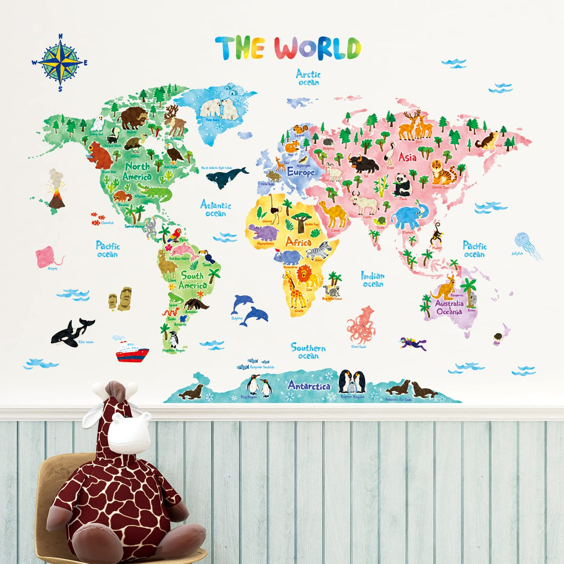 DECOWALL SG2-1615S Animal World Map Kids Wall Decals Wall Stickers Peel and Stick Removable Wall Stickers for Kids Nursery Bedroom Living Room (Large)