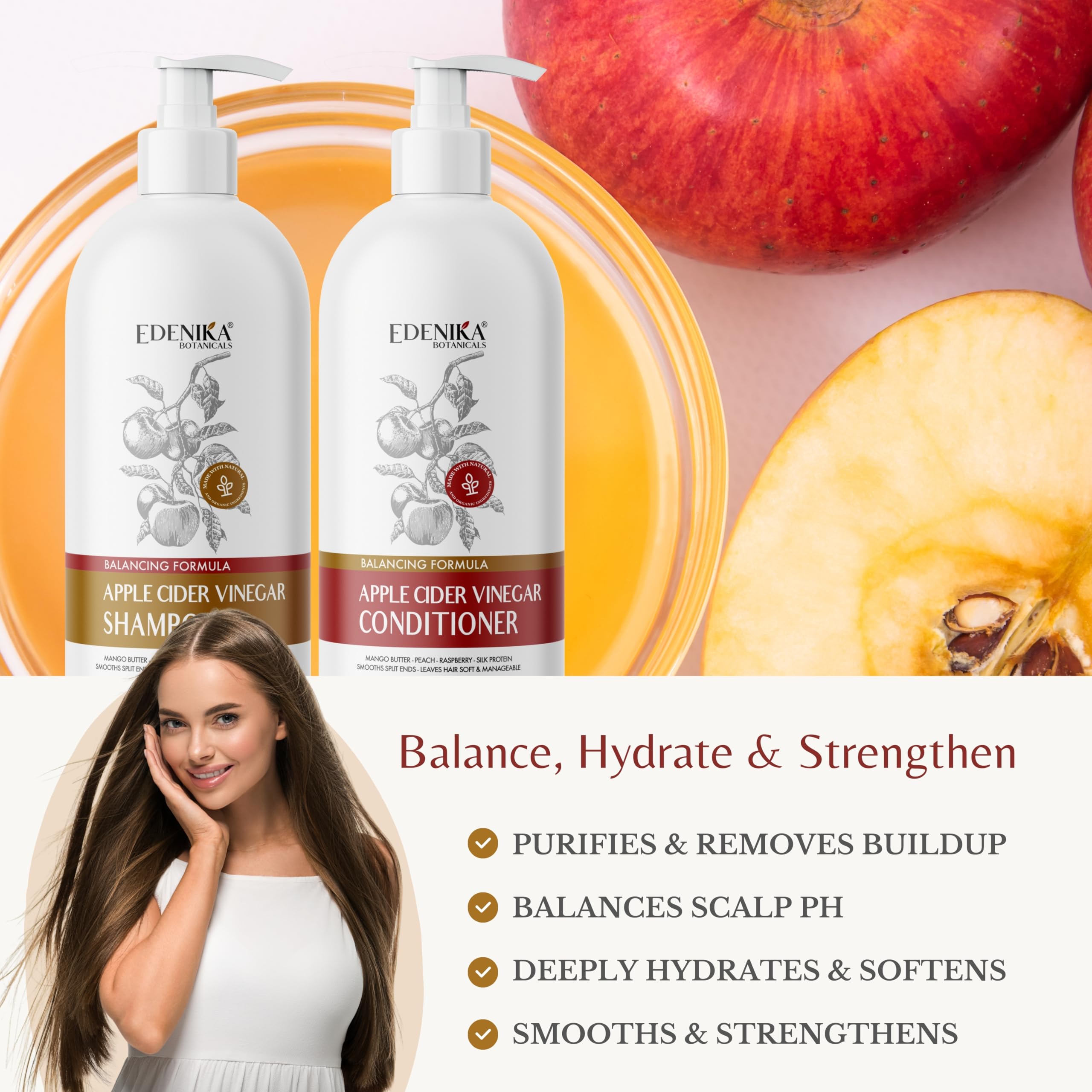Apple Cider Vinegar Shampoo and Conditioner, Daily Clarifying & Detox, pH Balance, Itchy Scalp Relief, Cleanses Dandruff & Buildup, Adds Shine & Volume, for Oily Hair – 16 fl oz Each