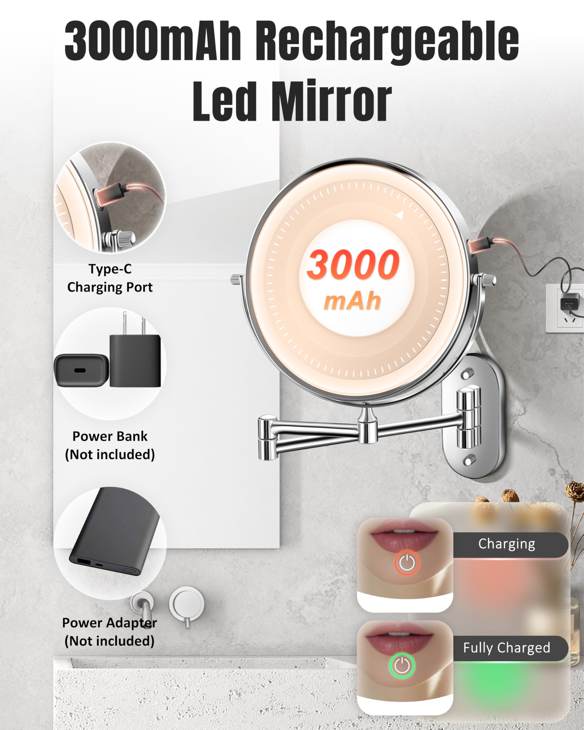 Wall Mounted Makeup Mirror with Light, 20X/1X 8'' Double Sided LED Magnifying Bathroom Lighted Vanity Mirror with Magnification, 3 Color Light up Touch Dimmable Extended Arm 360 Rotation