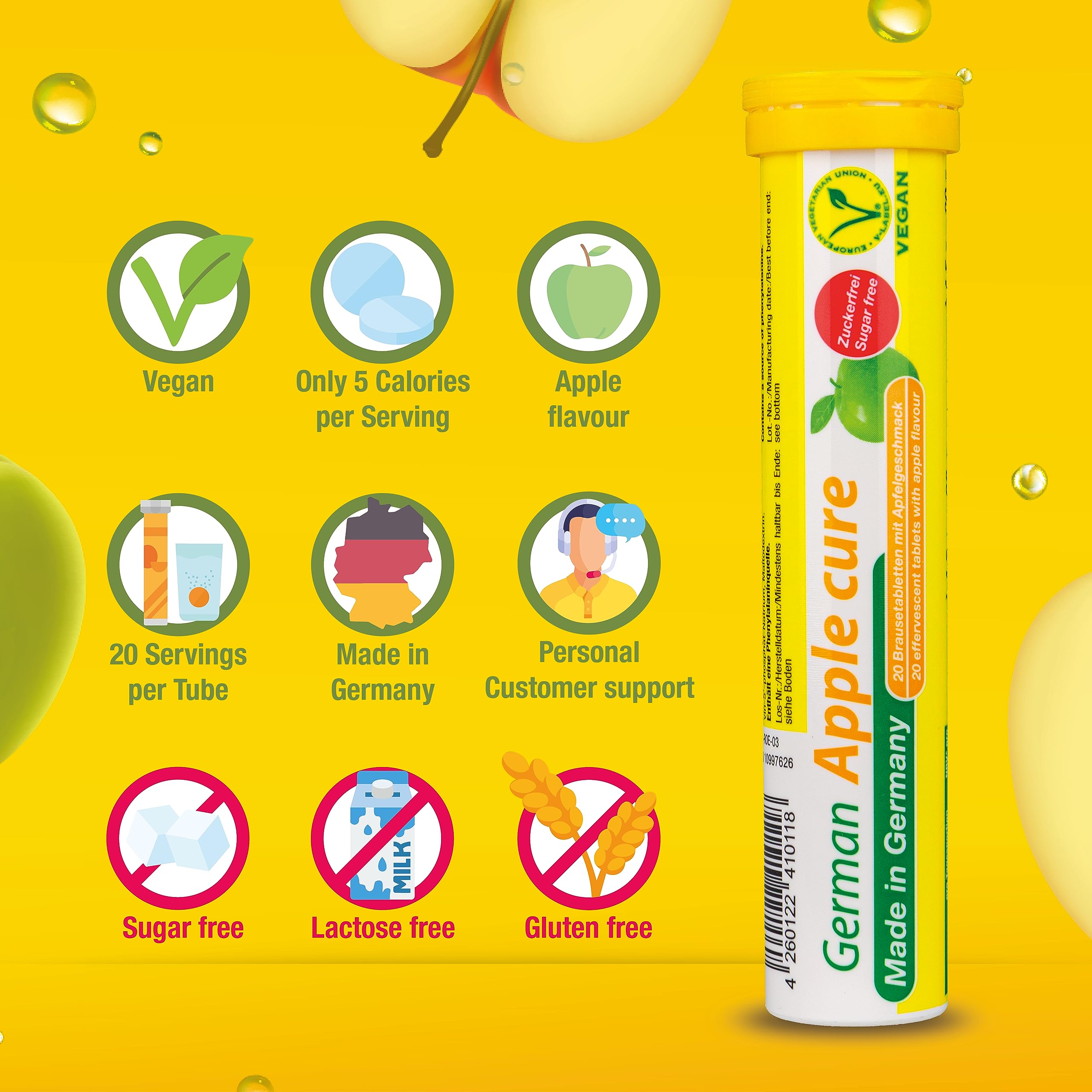 T&D German Apple Cure - 240 Vegan Drink Effervescent Tablets - Apple Flavor - Made in Germany