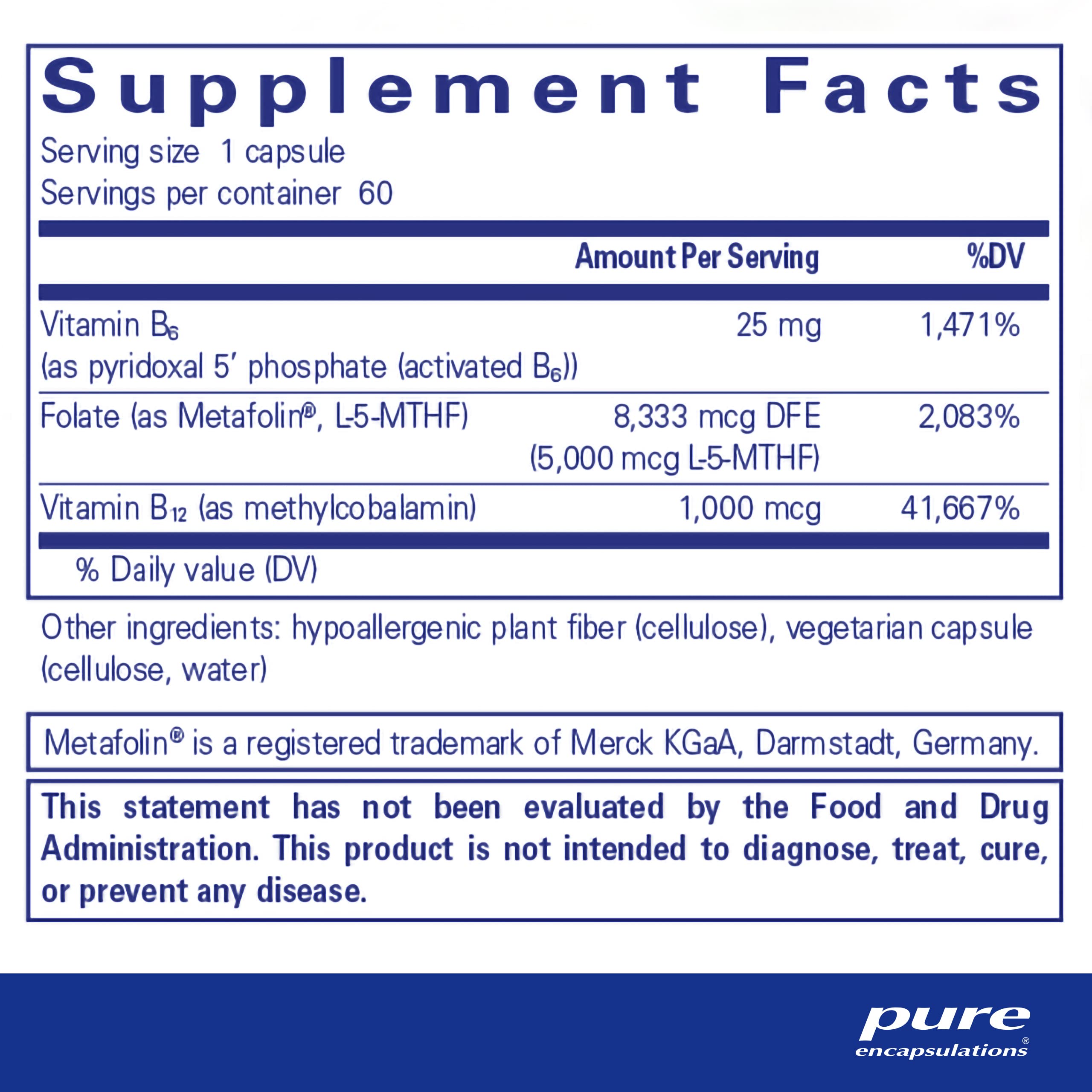 Pure Encapsulations - Folate 5,000 Plus - Activated Folate, Vitamin B12 and B6 Combination - 60 Capsules