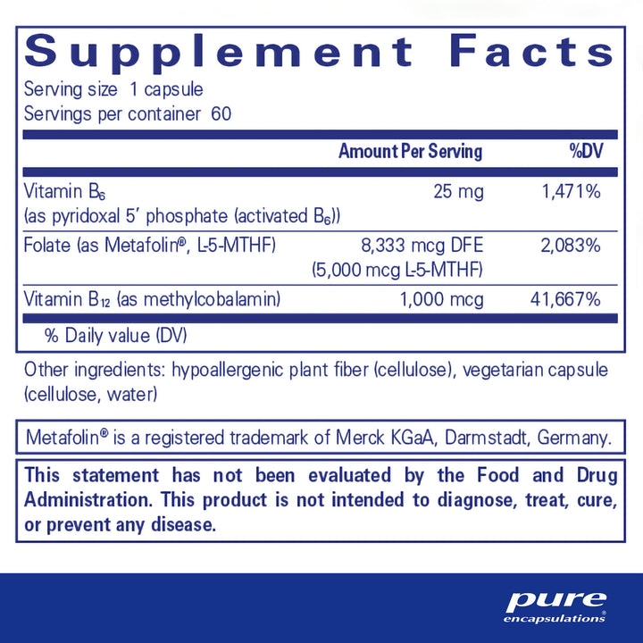 Pure Encapsulations - Folate 5,000 Plus - Activated Folate, Vitamin B12 and B6 Combination - 60 Capsules