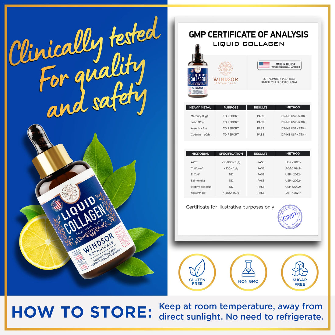 WINDSOR BOTANICALS Liquid Collagen for Women and Men - Hair, Skin, Nails Vitamins - Lemon Flavor Collagen Peptides Hair Growth Drink - 5,000mcg Biotin, 10,000mcg - US Made - 2x2oz