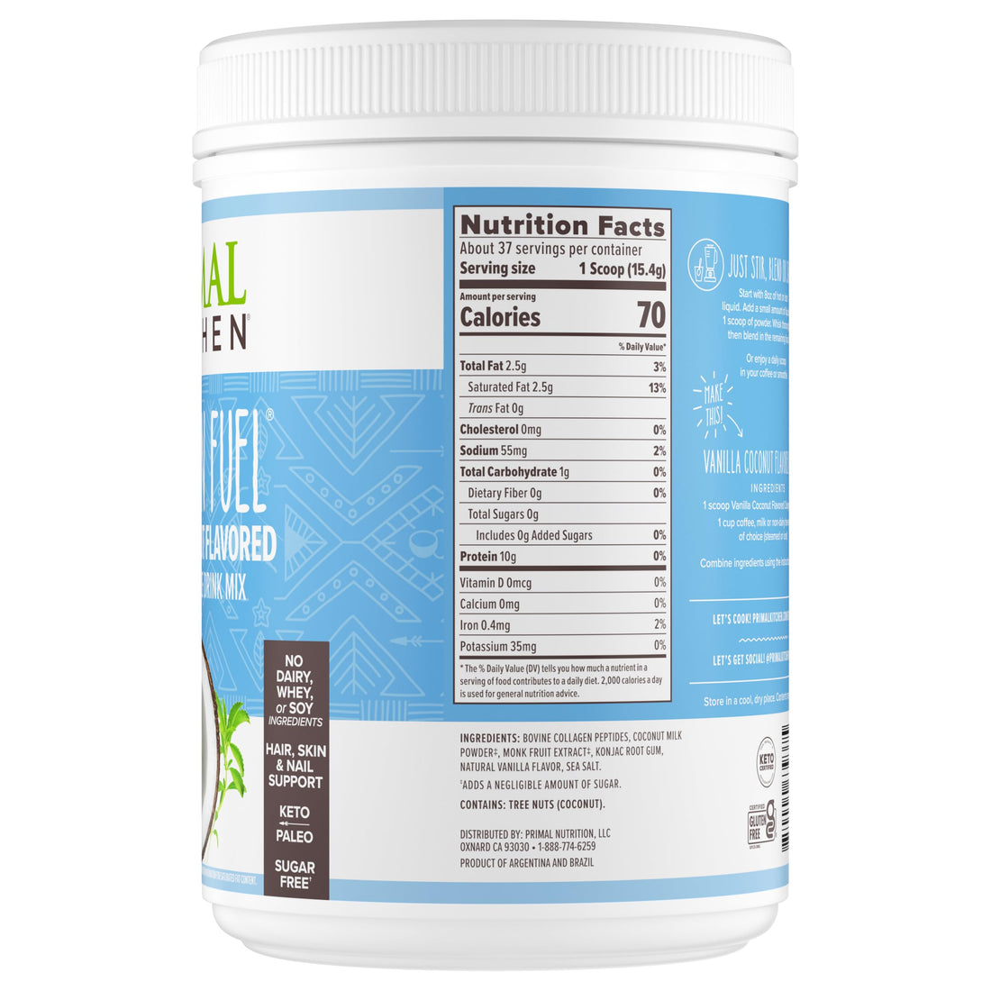 Primal Kitchen Vanilla Collagen Fuel® Drink Mix, Vanilla Coconut Collagen Peptides, No Sugar or Dairy, 20 Ounces