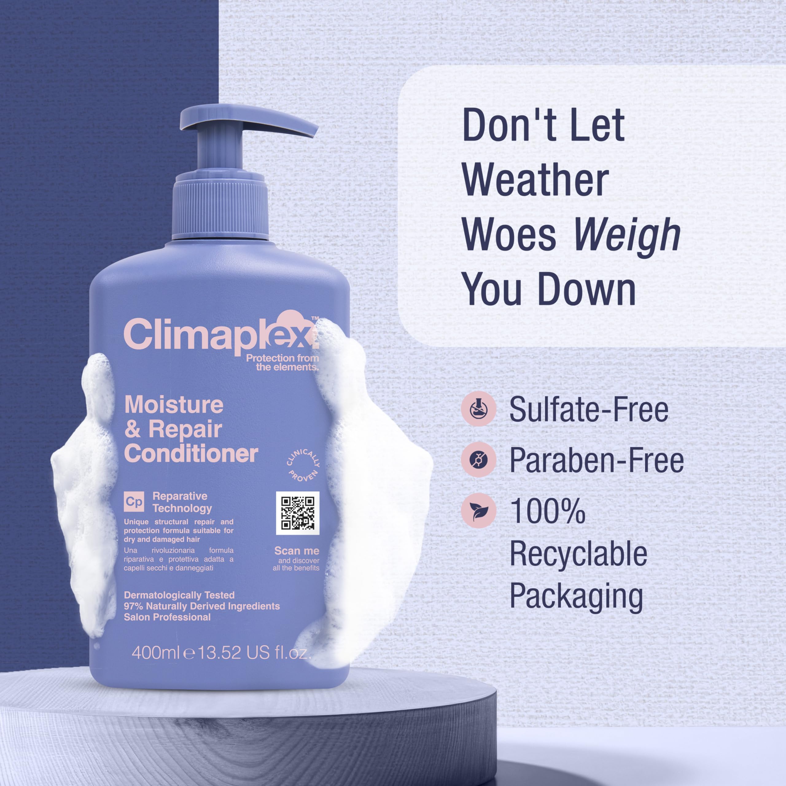 Climaplex Moisture and Repair Conditioner - Soothing, Purifying and Regenerating Properties - Contains Detangling Benefits - Adds Shine and Smooths Scalp - Suitable for All Hair Types - 13.52 oz