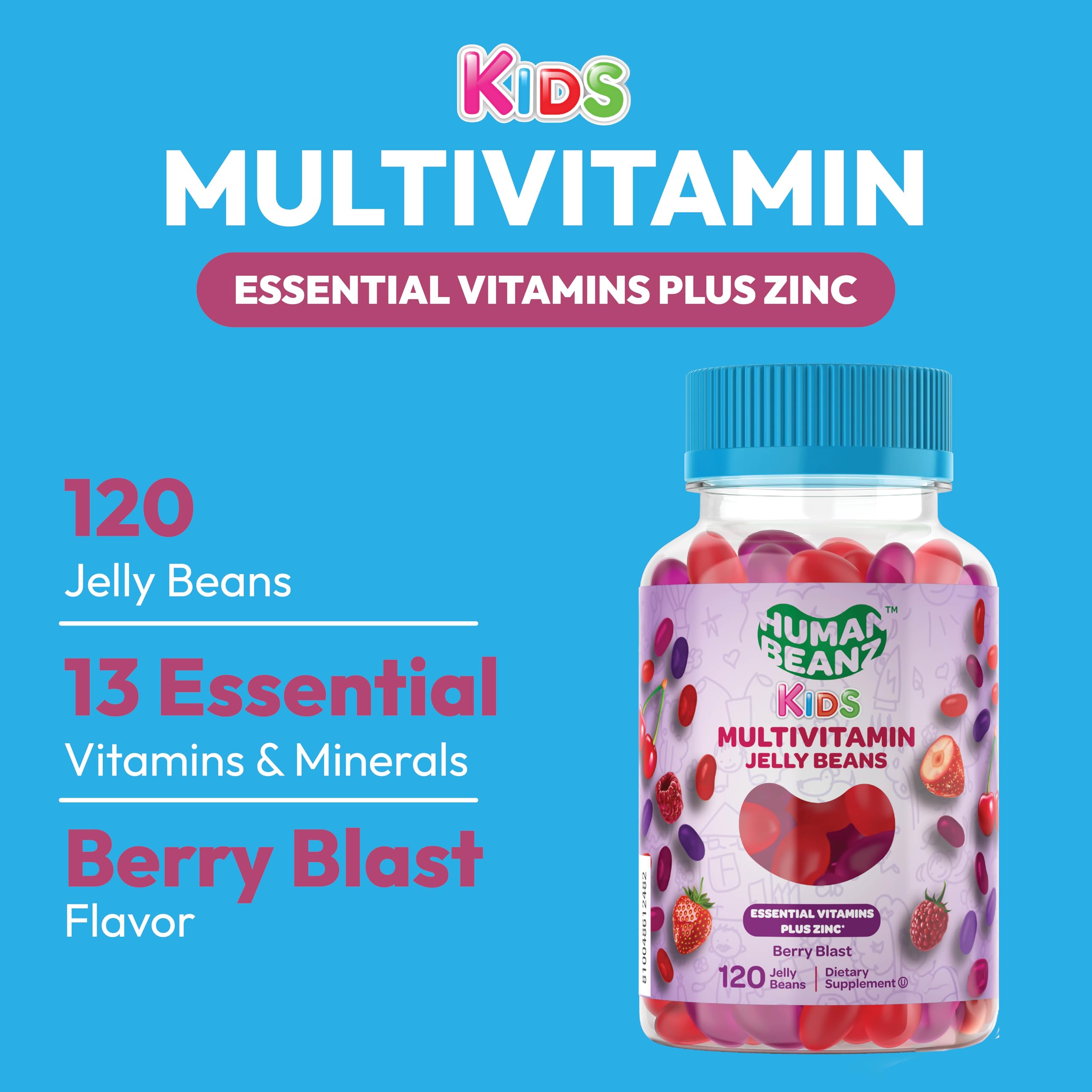 Human Beanz Multivitamin Jelly Bean Gummies with Zinc for Kids, Immune Support Dietary Supplements, Vegetarian, 120 Berry Blast Jelly Beans, Kosher