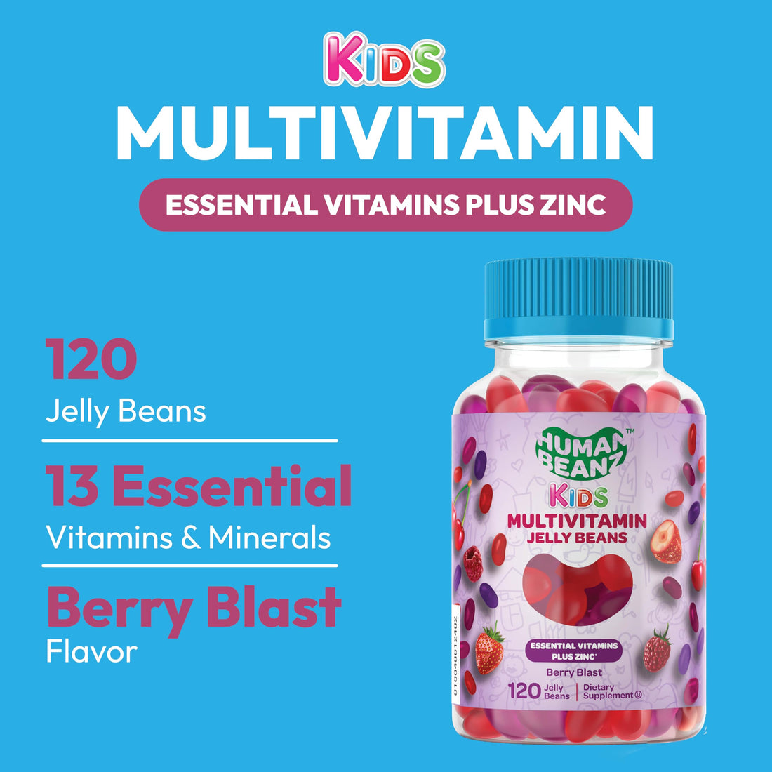 Human Beanz Multivitamin Jelly Bean Gummies with Zinc for Kids, Immune Support Dietary Supplements, Vegetarian, 120 Berry Blast Jelly Beans, Kosher