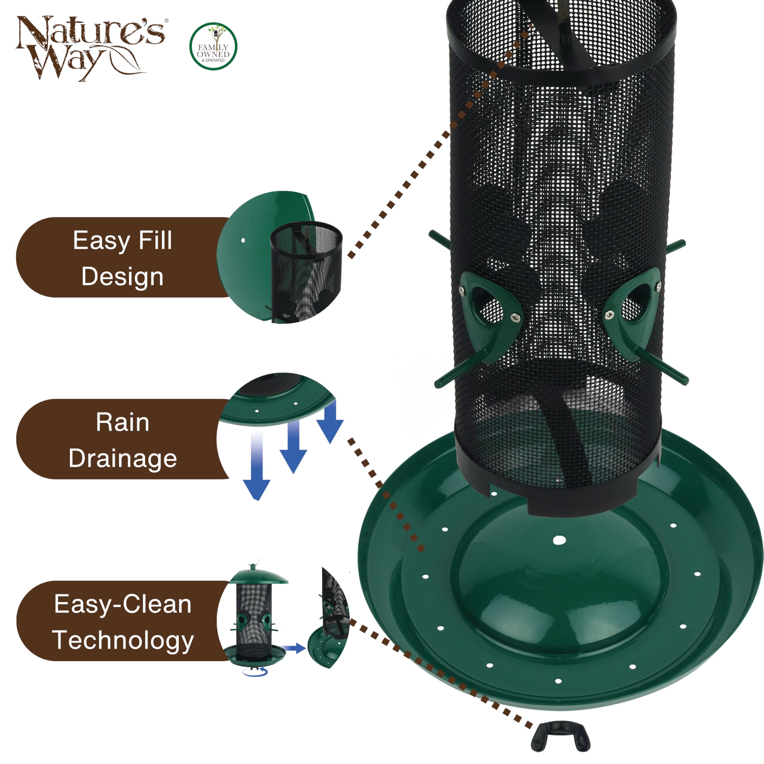 Nature's Way Perch If You Please Verdigris Metal Mesh Mixed Seed Bird Feeder for Wild Birds and Outdoor Décor, 2.5 Quart Capacity, Easy to Clean and Fill with Easy-Cling Mesh, Green