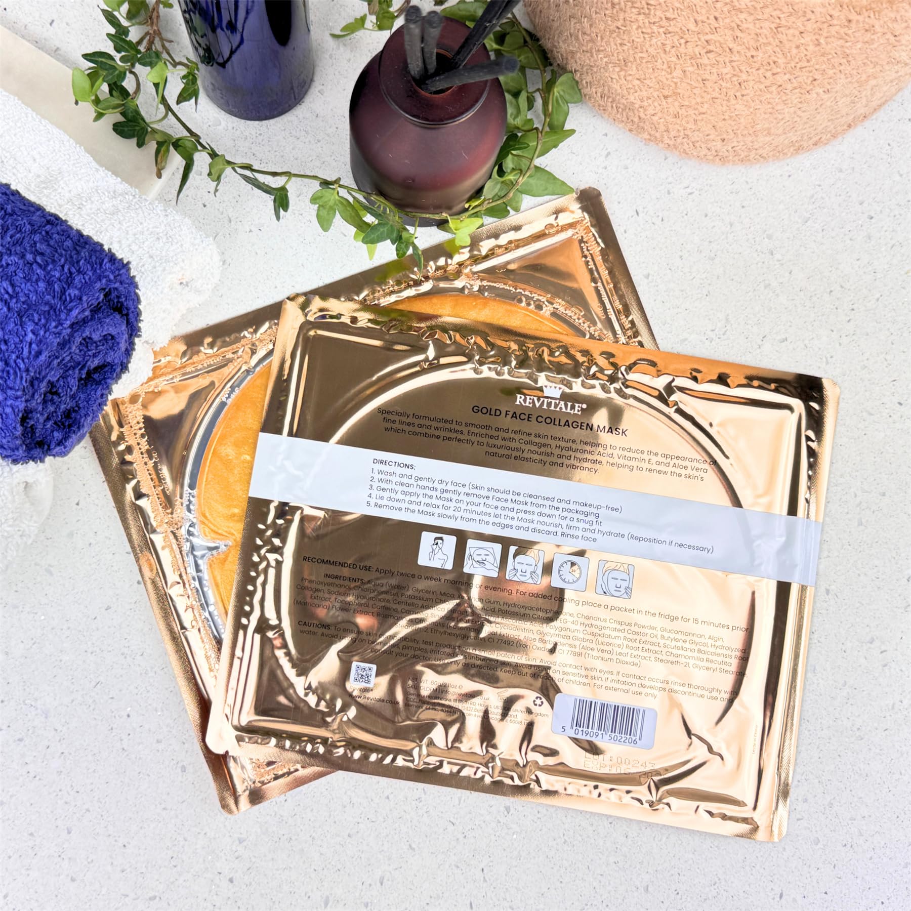 REVITALE 24K Gold Face Mask (5 Pack) - Hydrating & Nourishing Sheet with Collagen and Natural Extracts for Radiant, Moisturised Skin