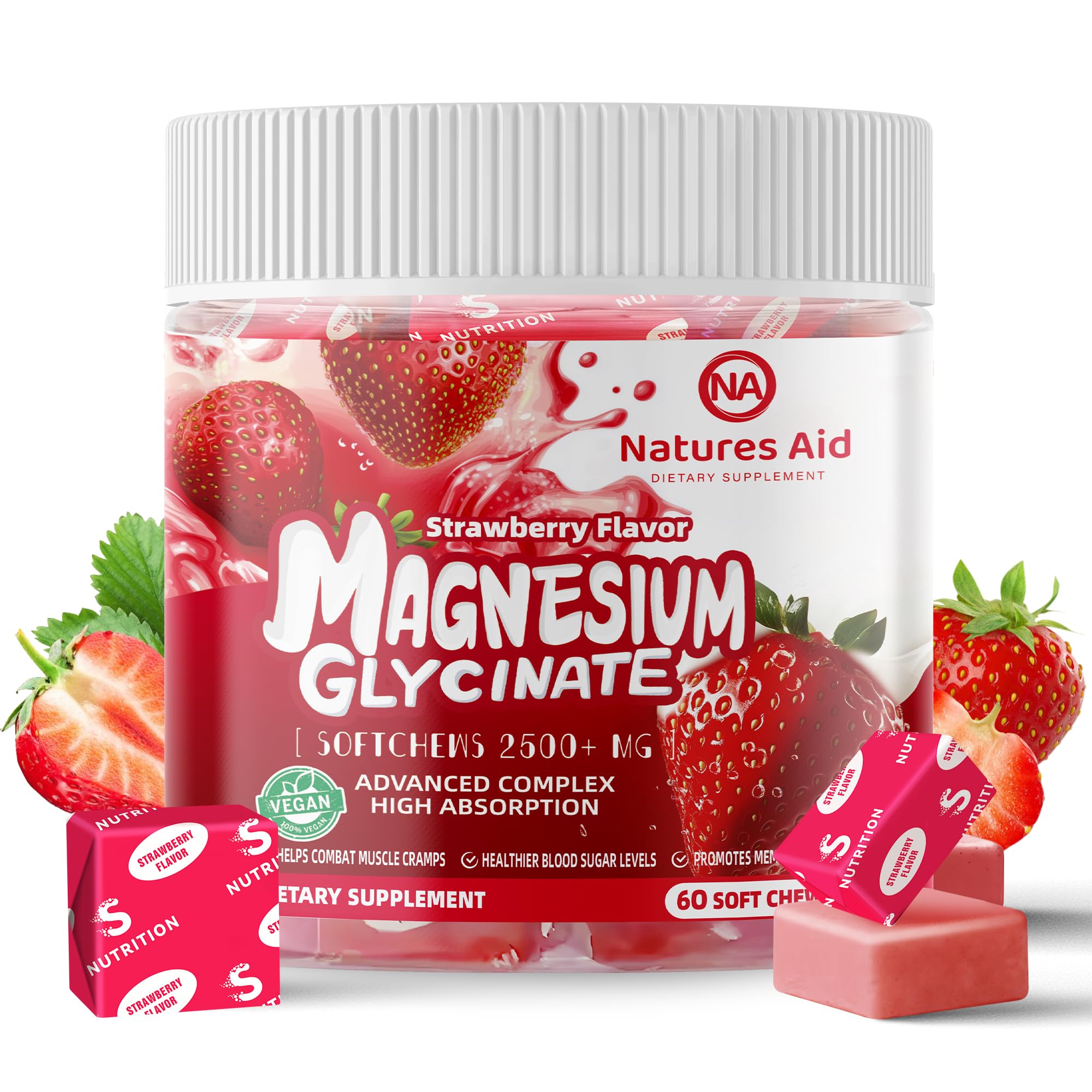 Magnesium Glycinate Soft Chews, Strawberry Flavor.Chewable Sugar Free Potassium Magnesium Chews with Magnesium Glycinate, Vitamin D, B6, and CoQ10 for Calm Support & Sleep for Adults, 60 Days Supply