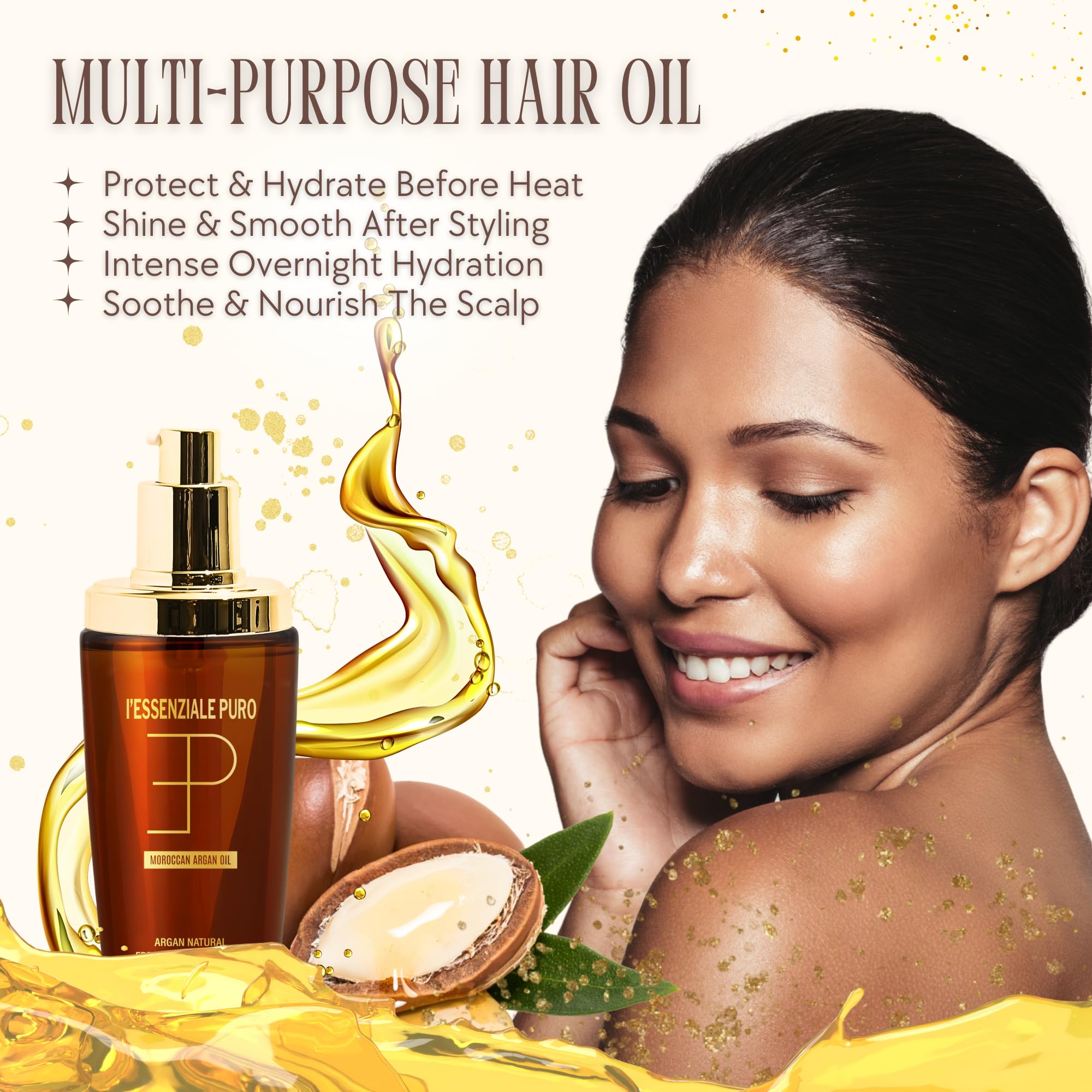 L'Essenziale Puro Premium Moroccan Argan Oil - Hydrating Moroccan Hair Oil & Body Oil For Women & Men - Adds Shine, Controls Frizz, & Moisturizes - Luxury Beauty Elixir From Dubai (100ml, 3.38 Fl Oz)