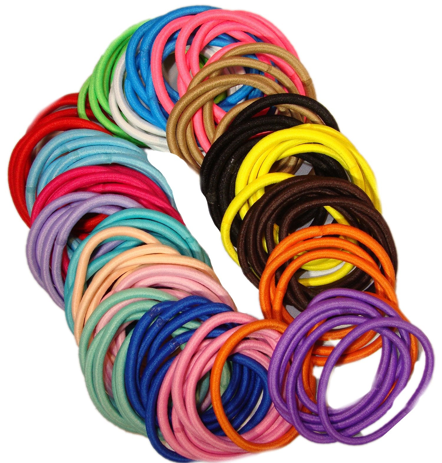 Kenz Laurenz 100 Hair Elastics Hair Ties No Crease Ouchless Ponytail Holders No Metal 4mm (100 Hair Elastics--Rainbow)