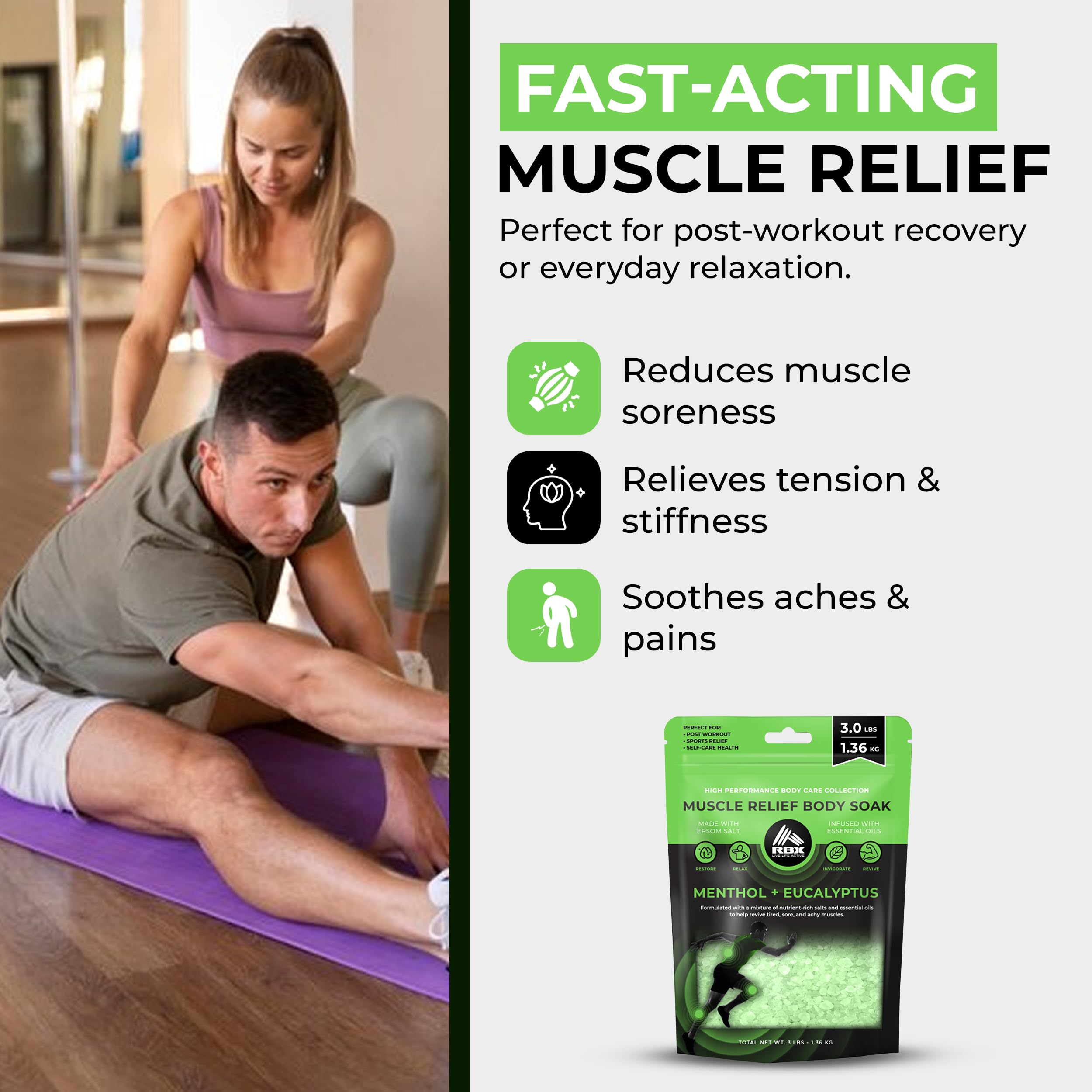 RBX Muscle Relief Epsom Salt – 5 lb Resealable Bath Soak with Menthol & Eucalyptus Essential Oils – Soothing Foot Soak & Body Soak for Muscle Relief & Relaxation – Bath Salts for Post-Workout Recovery