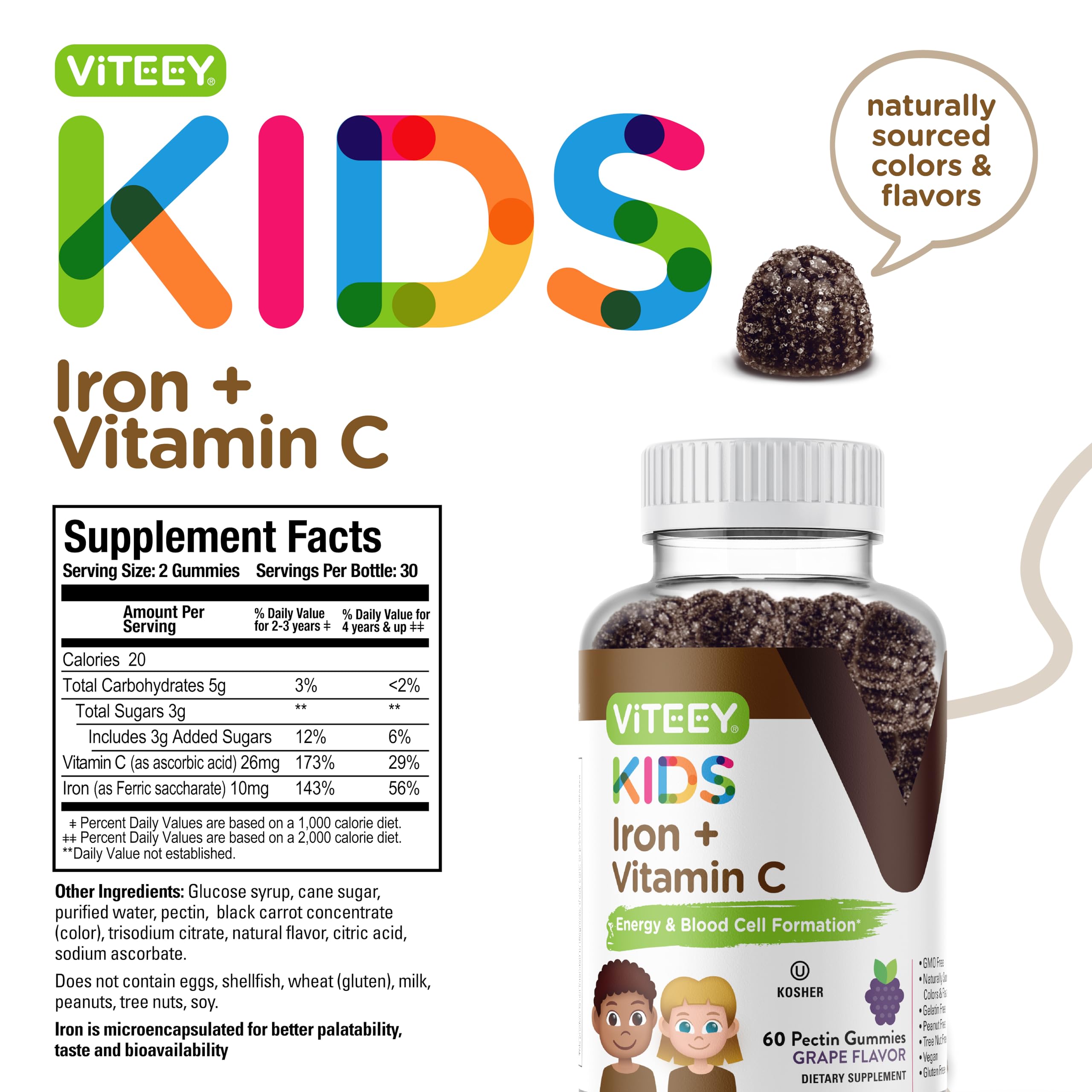 Iron Gummies for Kids with Vitamin C - Supports Energy, Blood Cell Formulation, Blood Builder Anemia Kids Iron Supplements - Vegan, Gelatin Free, Gluten Free - Tasty Chewable Grape Flavored Gummy