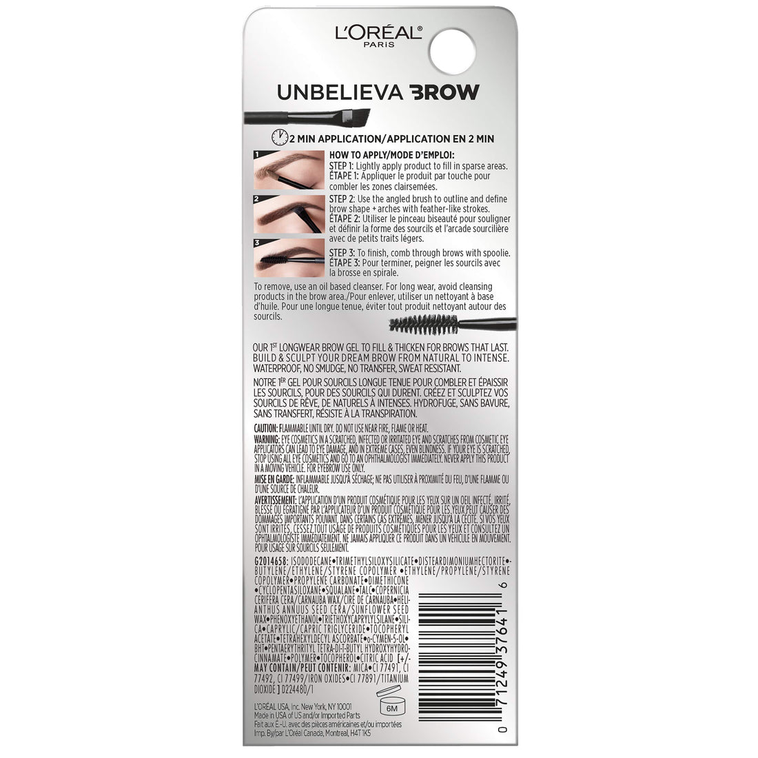L'Oreal Paris Unbelieva-Brow Longwear Waterproof Tinted Brow Gel, Smudge-resistant, Transfer- Proof, Quick Drying, Easy and quick application with precise brush, Dark Brunette, 0.15 fl. oz.