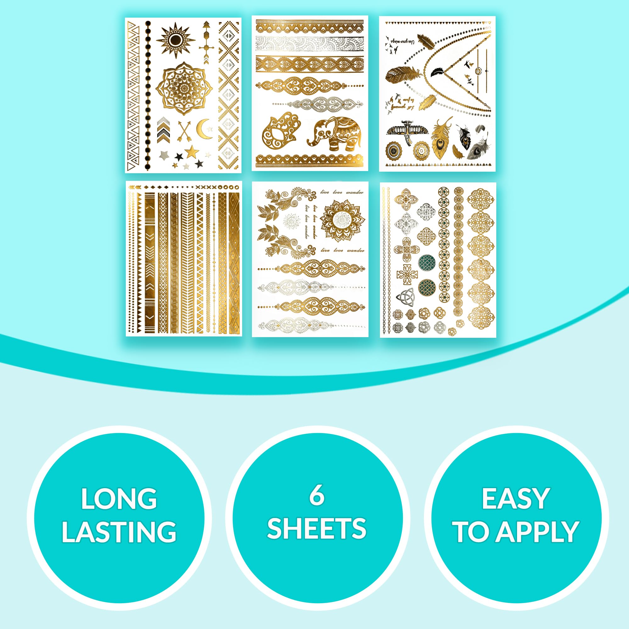 Premium Metallic Tattoos - 75+ Shimmer Designs in Gold, Silver, Black - Temporary Fake Jewelry Tattoos By Terra Tattoos™ (Serenity Collection)