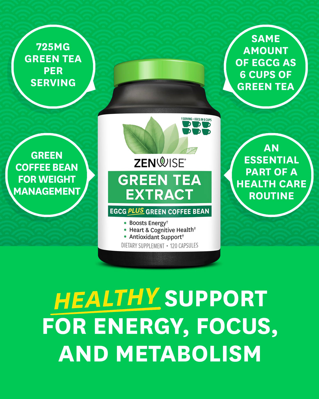 Zenwise Health EGCG Green Tea Extract Capsules - Mental Focus + Immune Health + Antioxidant + Heart Support with Green Coffee Bean for Energy & Metabolism Boost - 120 CT