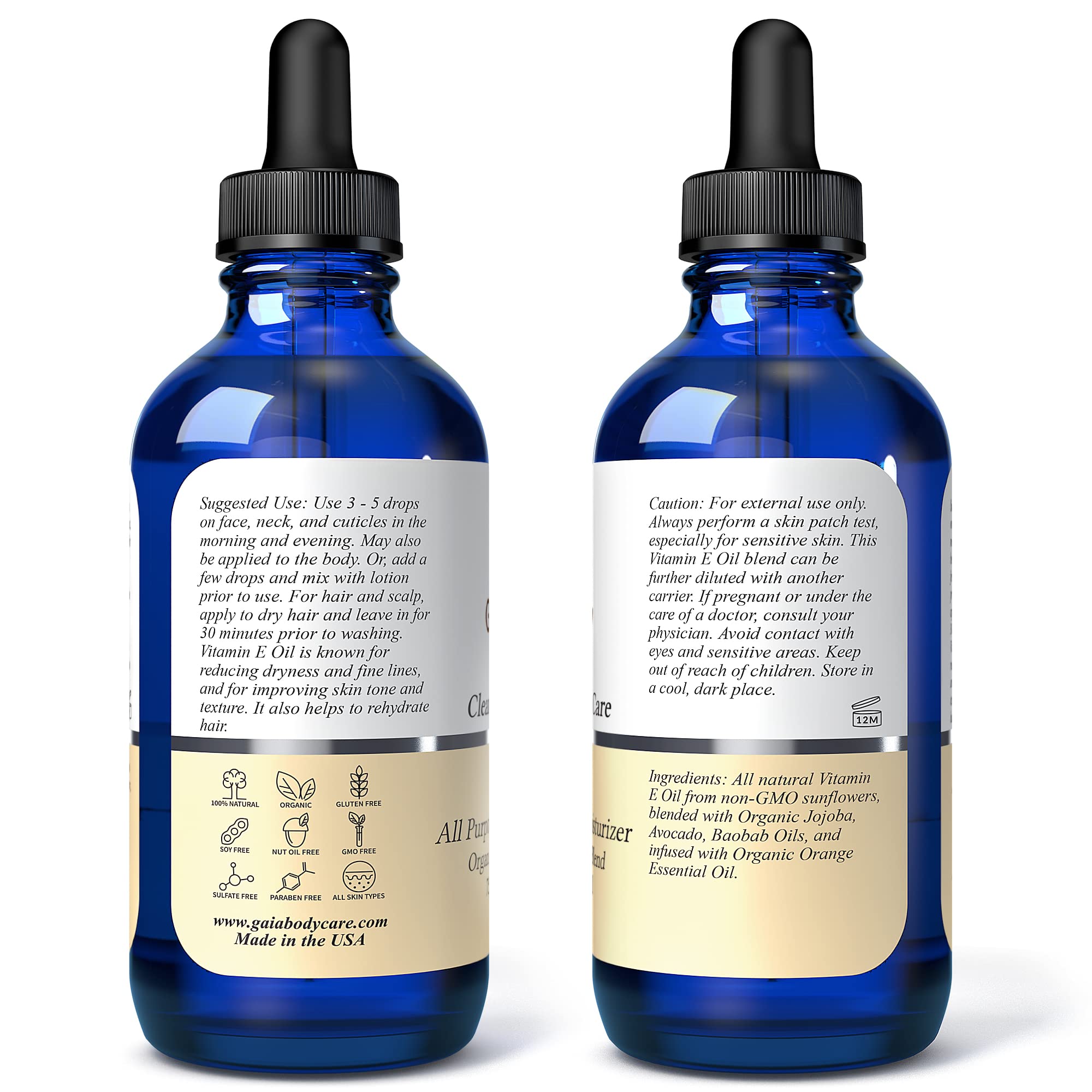 Gaia Body Care Organic Vitamin E Oil 75,000 IU Body Oil for Dry Skin, Scars, Hair and Scalp Moisturizer, Bath Oil - 4 ounces