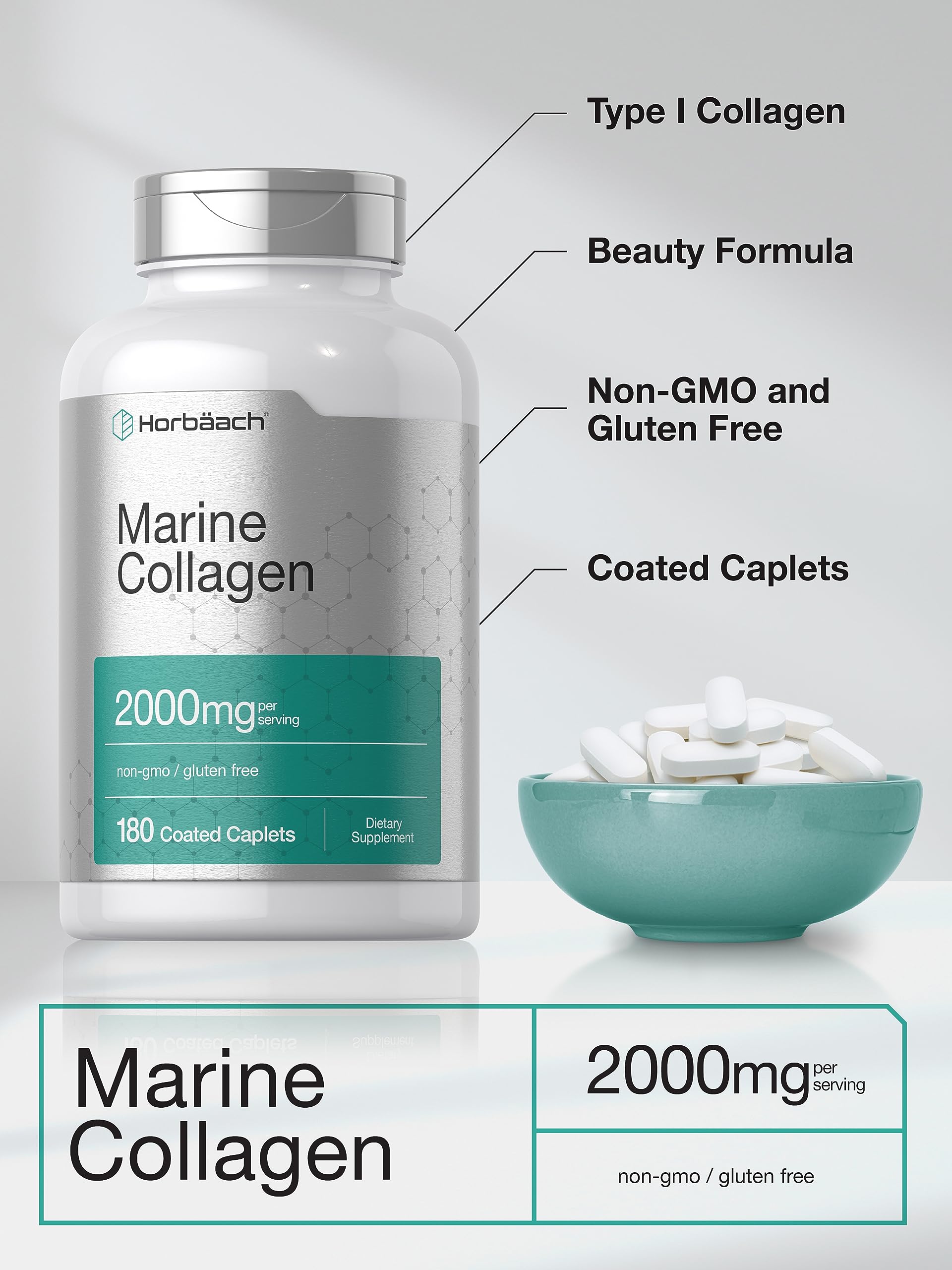 Horbäach Marine Collagen Peptides 2000mg | 180 Caplet Capsules | with Calcium | Non-GMO, Gluten Free Supplement