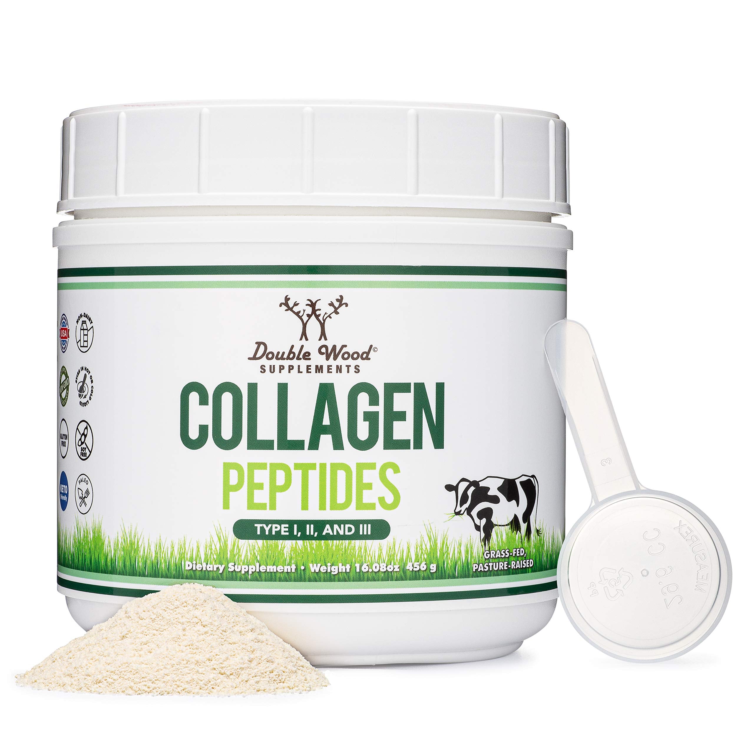 Collagen Peptides Powder - Hydrolyzed Collagen, Keto Safe - 16.08oz - Multi Type 1, 2, and 3 (Grass Fed Bovine Source)(Colageno Hidrolizado) Collagen Supplements for Women and Men by Double Wood