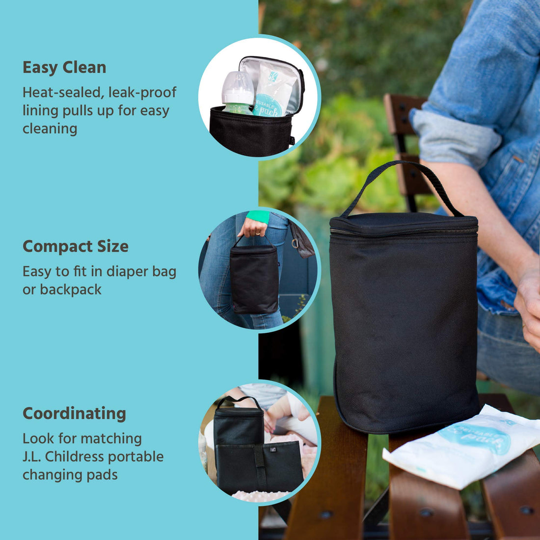 J.L. Childress TwoCOOL Breastmilk Cooler - Double Baby Bottle & Food Bag - Ice Pack Included - Fits 2-4 Bottles - Insulated & Leak Proof Bottle Bag - Breastmilk Cooler Bag for Travel - Black