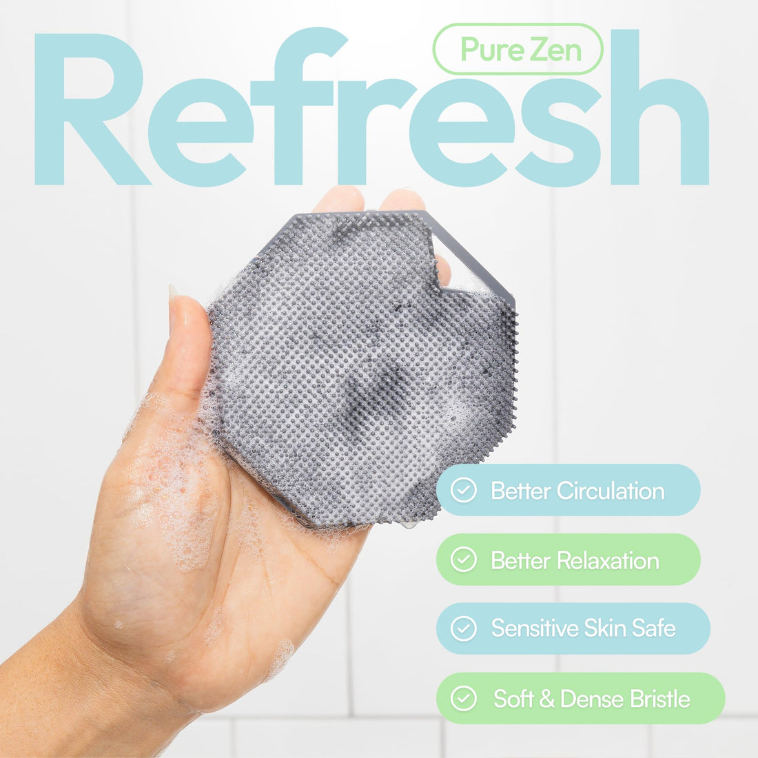 Pure Zen Essentials Silicone Body Scrubber, Exfoliating Body Scrubber for All Skin Types, Eco Friendly Massaging & Exfoliating Shower Scrubber with Soft Bristles, Travel Essentials, Loofah Alternative