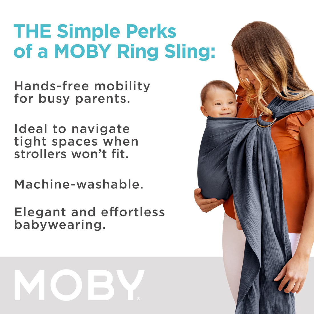 Moby Baby Wrap Carrier Ring Sling for Newborns to Toddlers, Hands-Free, Versatile Support for Moms & Dads, Breathable & Lightweight, Supports Children 8-30 lbs (Flint)