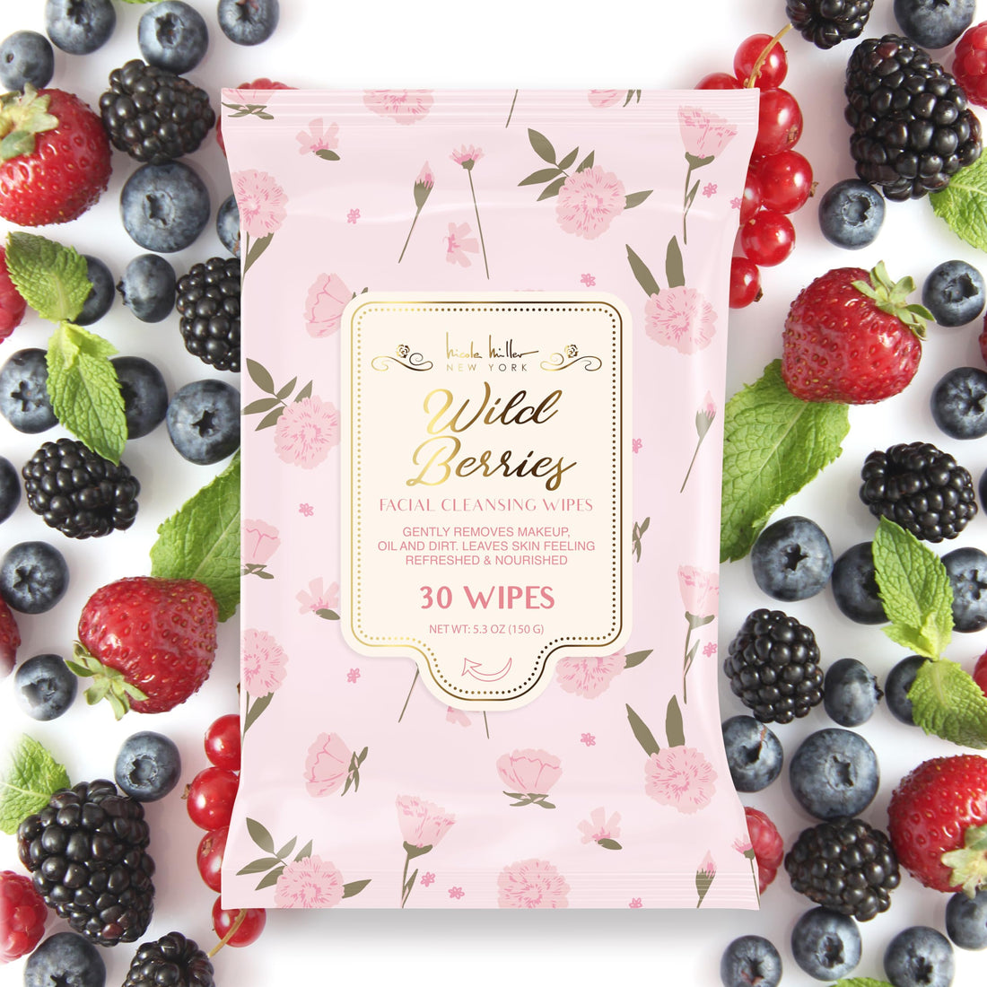 Nicole Miller Pack Facial Cleansing Wipes, Facial Cleansing Cloths, Removes Makeup, Mascara, Dirt and Oil, Rosehip, Coconut, Vanilla Mint, Wild Berries