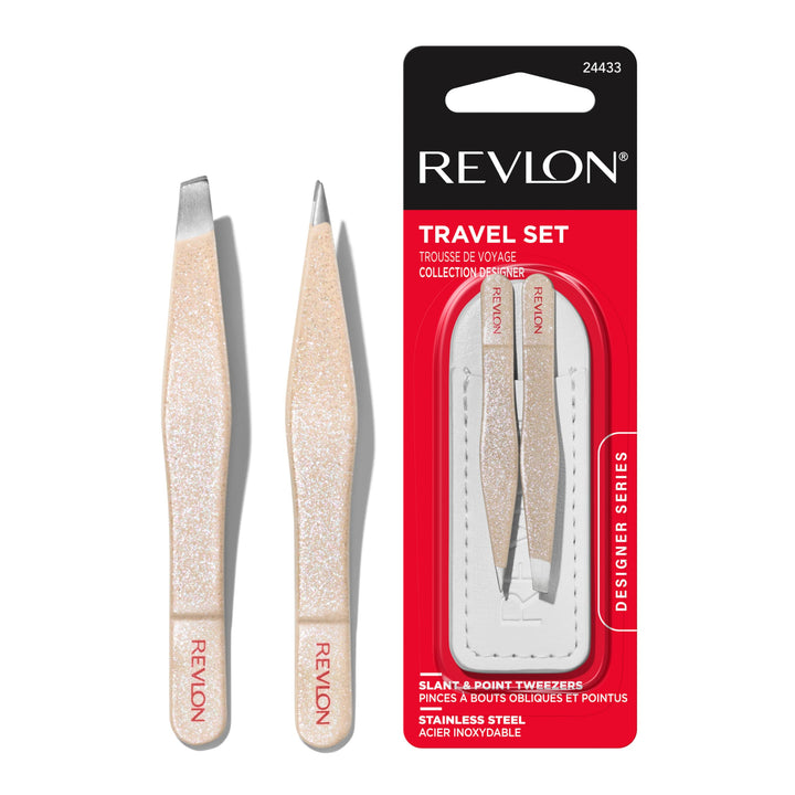 Revlon Designer Series Mini Tweezer Set, Hair Removal Tool Kit with Slant & Point Tips, Portable and Easy to Use, Made with Long Lasting Stainless Steel, 1 Count