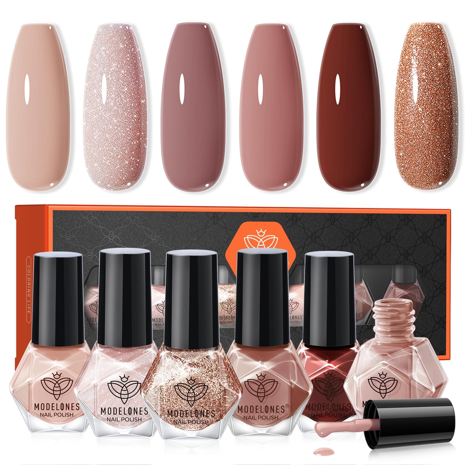 modelones Brown Nail Polish Set 6 Colors, Nude Burgundy Glitter Fall Winter Quick Dry Mini Nail Lacquer Kit Dark Red Nail Art DIY Home Salon Nail Art Manicure Gifts for Women Girls