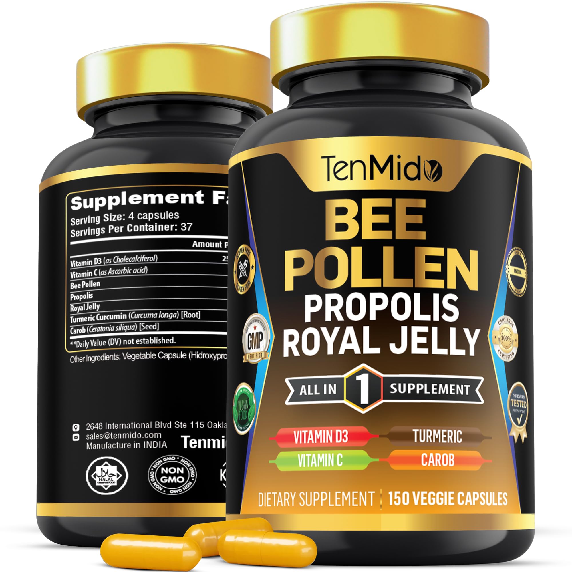 Tenmido Organic Bee Pollen Supplement for Men and Women, 7in1 Formula with Propolis, Royal Jelly, Turmeric, Carob & More - Energy, Immune, Digestive Support - Rich in Nutrient, Vitamins - 150 Capsules