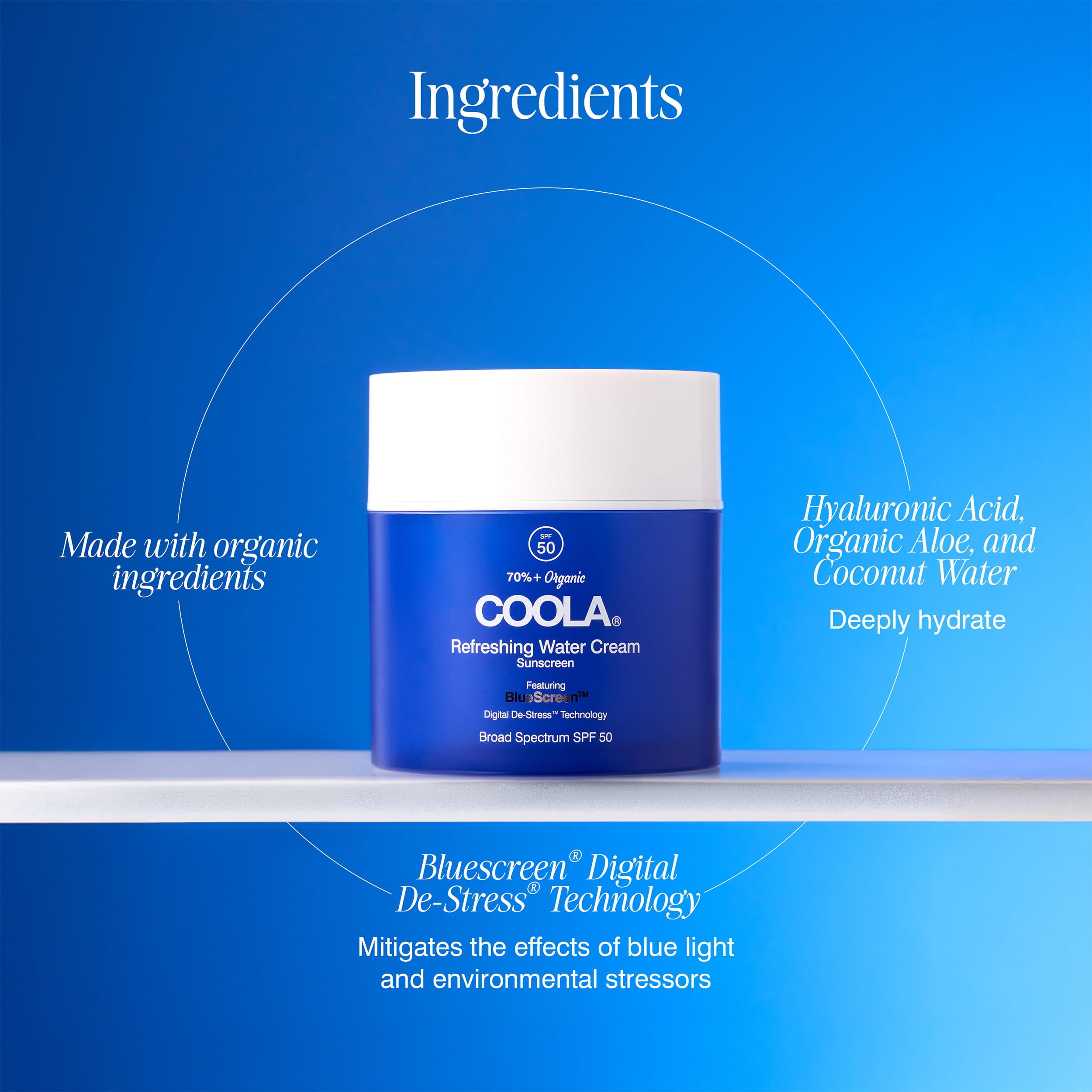 COOLA Organic Refreshing Water Cream Face Moisturizer with SPF 50, Dermatologist Tested Face Sunscreen with Plant-Derived BlueScreen Digital De-Stress Technology, 1.5 Fl Oz