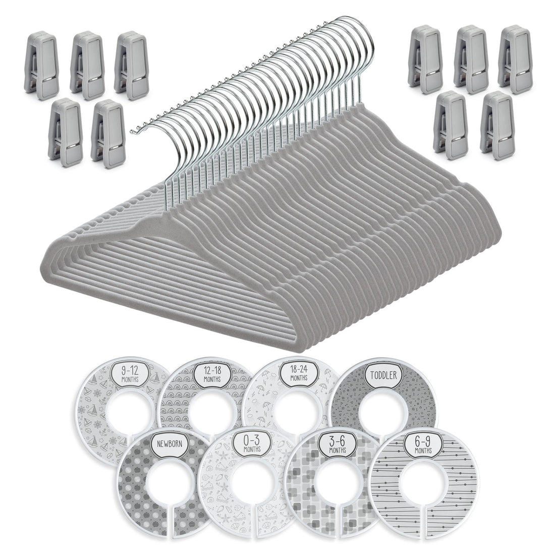 Babyrish Velvet Baby Hangers 30 Pack, Ultra Thin Nonslip Nursery Clothes Hangers with 8pcs Cute Clothing Dividers and 10pcs Hanger Clips for Kids Baby Boys & Girls Closet Organizer, Grey