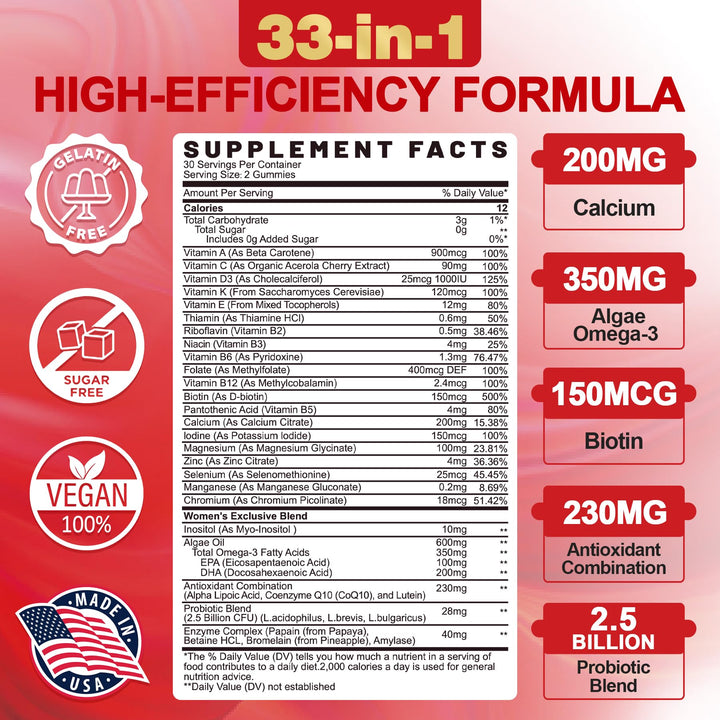 Sugar-Free Women's Multivitamin Gummies - Multivitamin Filled Gummies with Omega-3, Enzymes & Antioxidant Blend to Support Overall Health, Immunity, Hair, Nails & Skin Health. Womens Vitamins - 60 ct