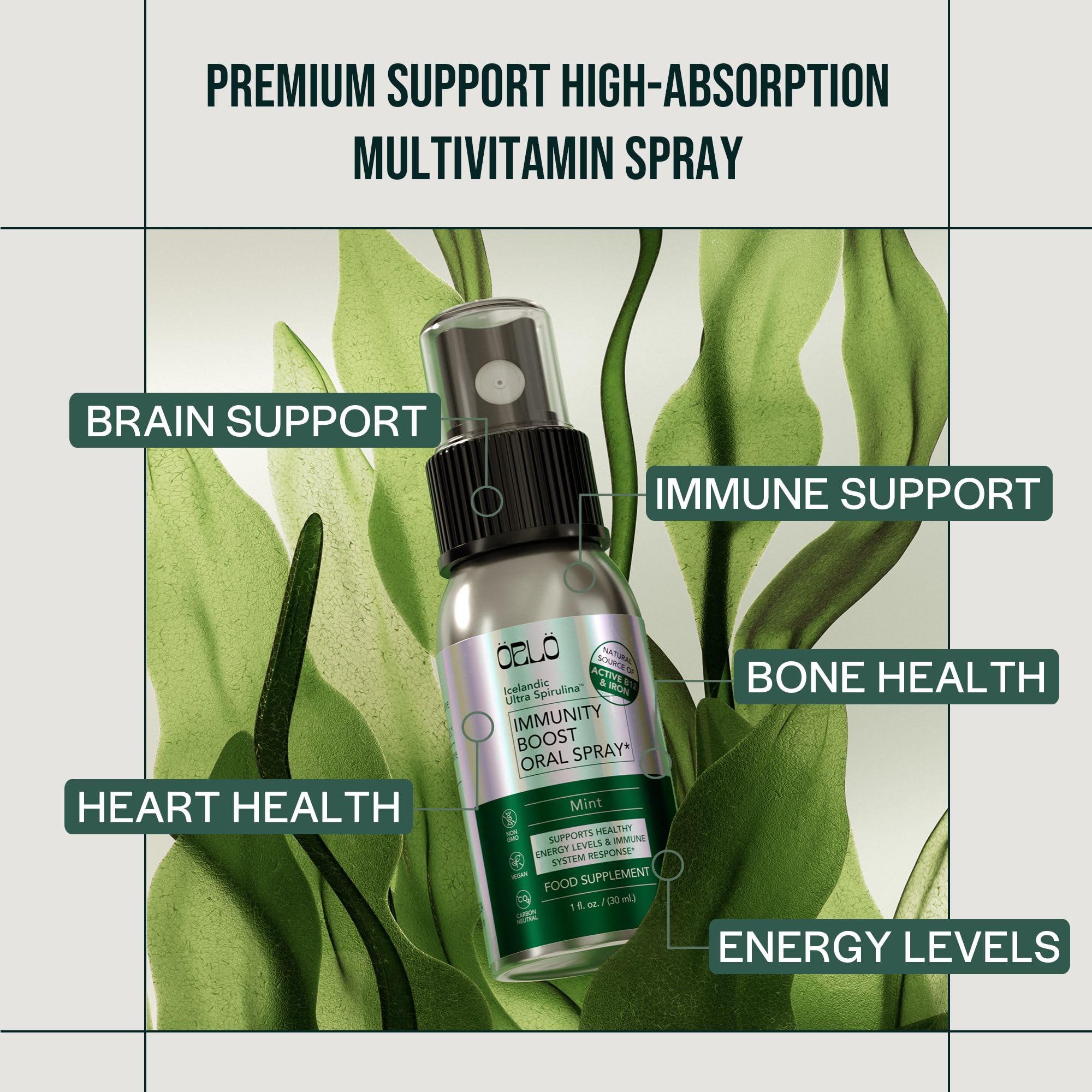 Orlo Immunity Boost Multivitamin Supplement for Adults Spray - Spirulina, Bioactive Vitamin B Complex, B12 Methylcobalamin, Vitamin D3 - Energy, Brain & Immune Health (Up to 60 Servings)