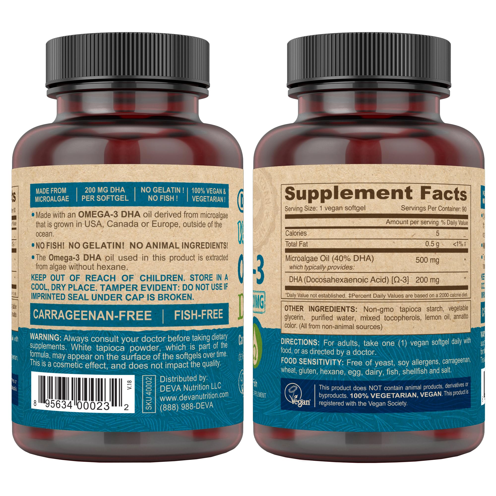 DEVA Vegan Omega-3 DHA Supplement, Once-Per-Day Softgel 200 MG, Carrageenan Free, Gelatin Free, Non-Fish, Algae Oil, Omega-3 Fatty Acids - 90 Softgels (Pack of 2)