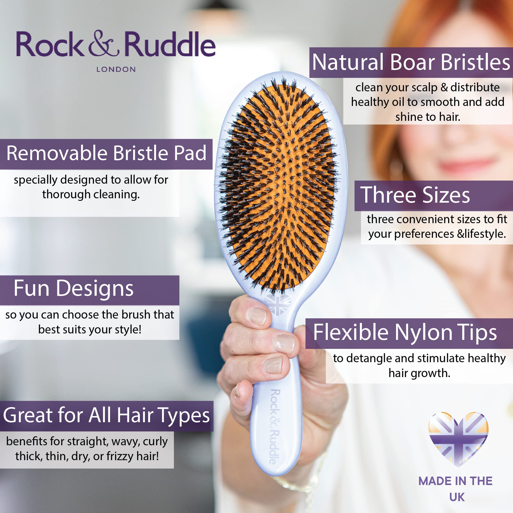Rock & Ruddle Natural Mixed Bristle Hair Brush for Women and Kids. Perfect for Wet or Dry Hair Detangling, Smoothing and Blowdrying. Bring out a Healthy Shine. Ballet Dancers Design, Small