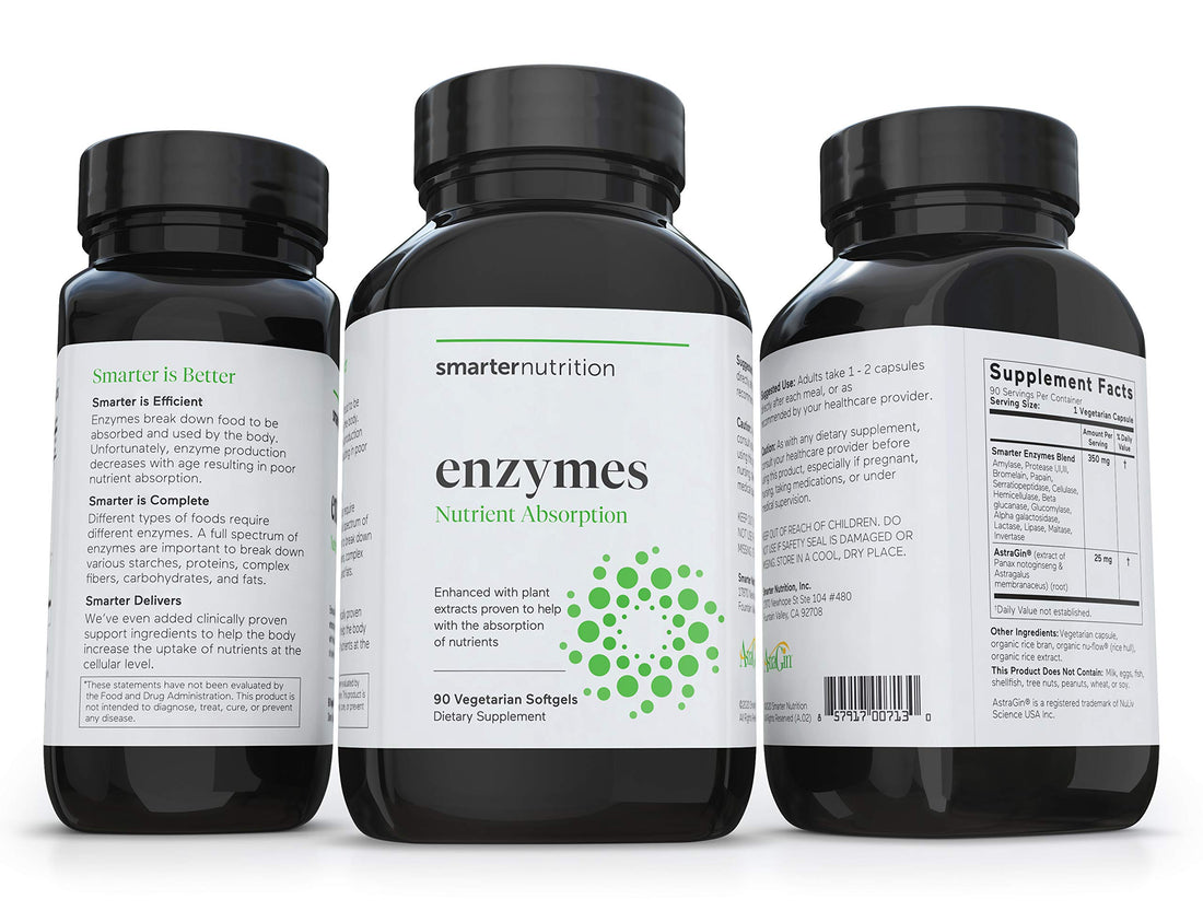 Smarter Nutrition Digestive Enzymes - Daily Gut Health Support with 16 Enzymes for Nutrient Absorption & Meal Time Comfort with Bromelain, Papain, Lactase - 90 Count - 30-Day Supply